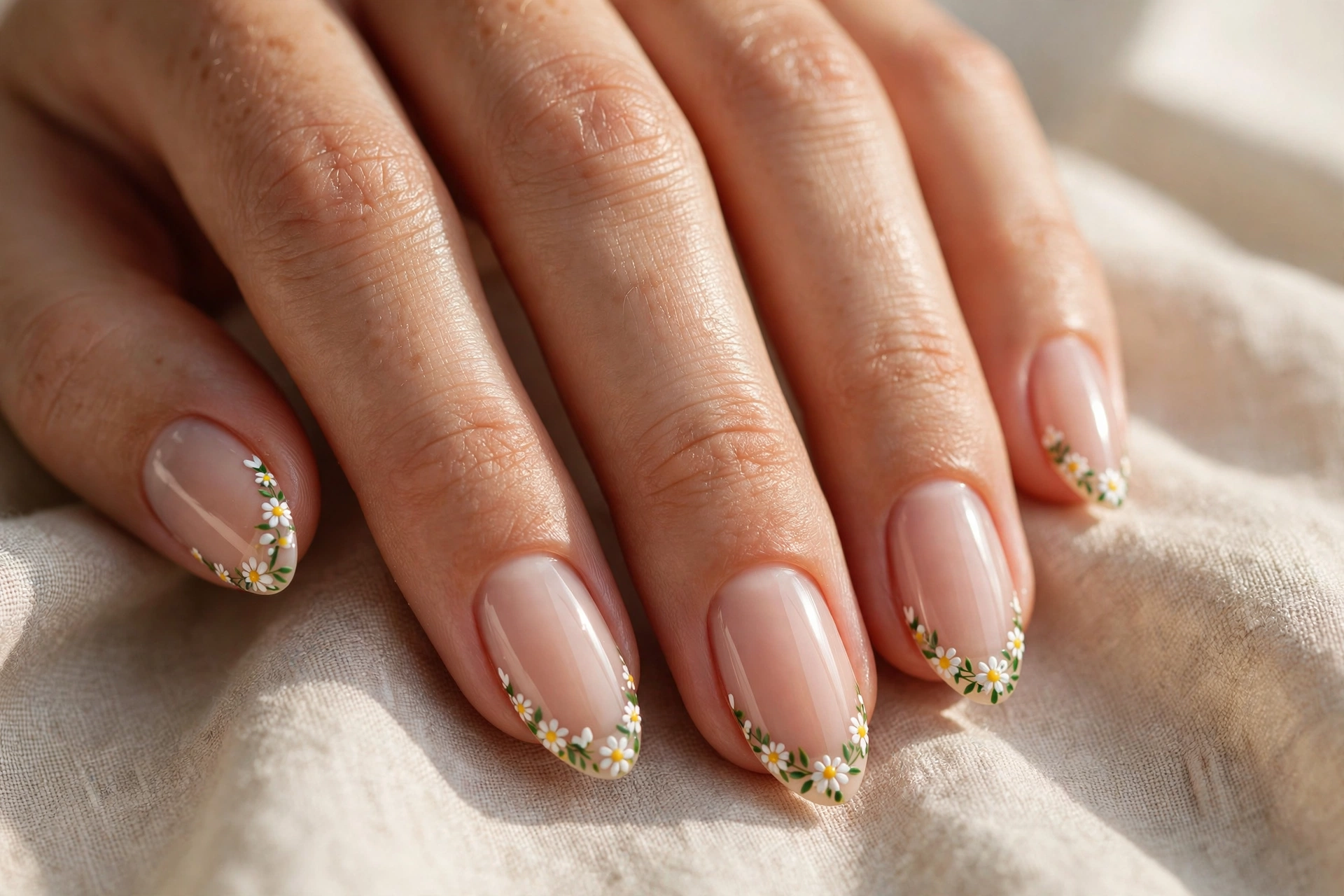 Floral French tip nail designs with delicate flowers on the tips