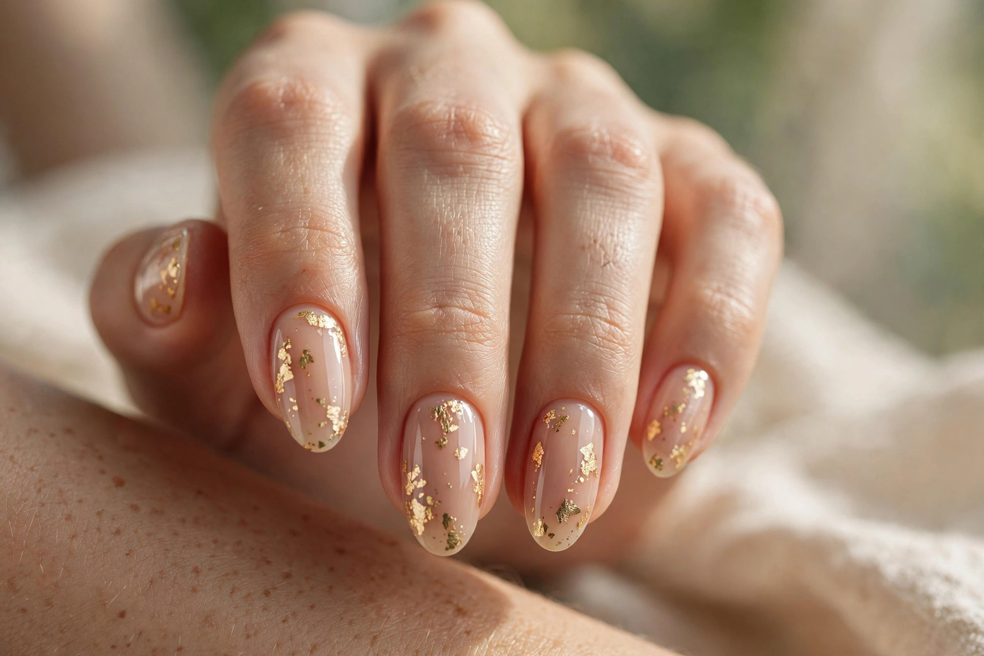 nude gel gold flakes gel nail designs