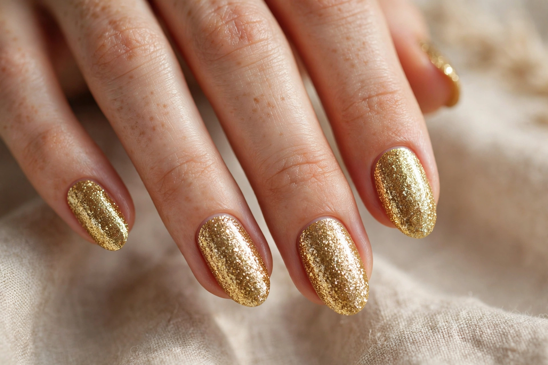 Full coverage gold glitter nail designs luxurious sparkling manicure