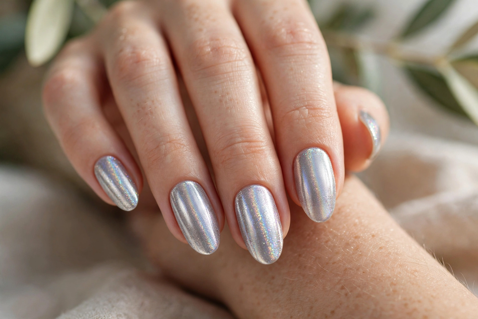 Silver holographic glitter nail designs with rainbow shimmer effect