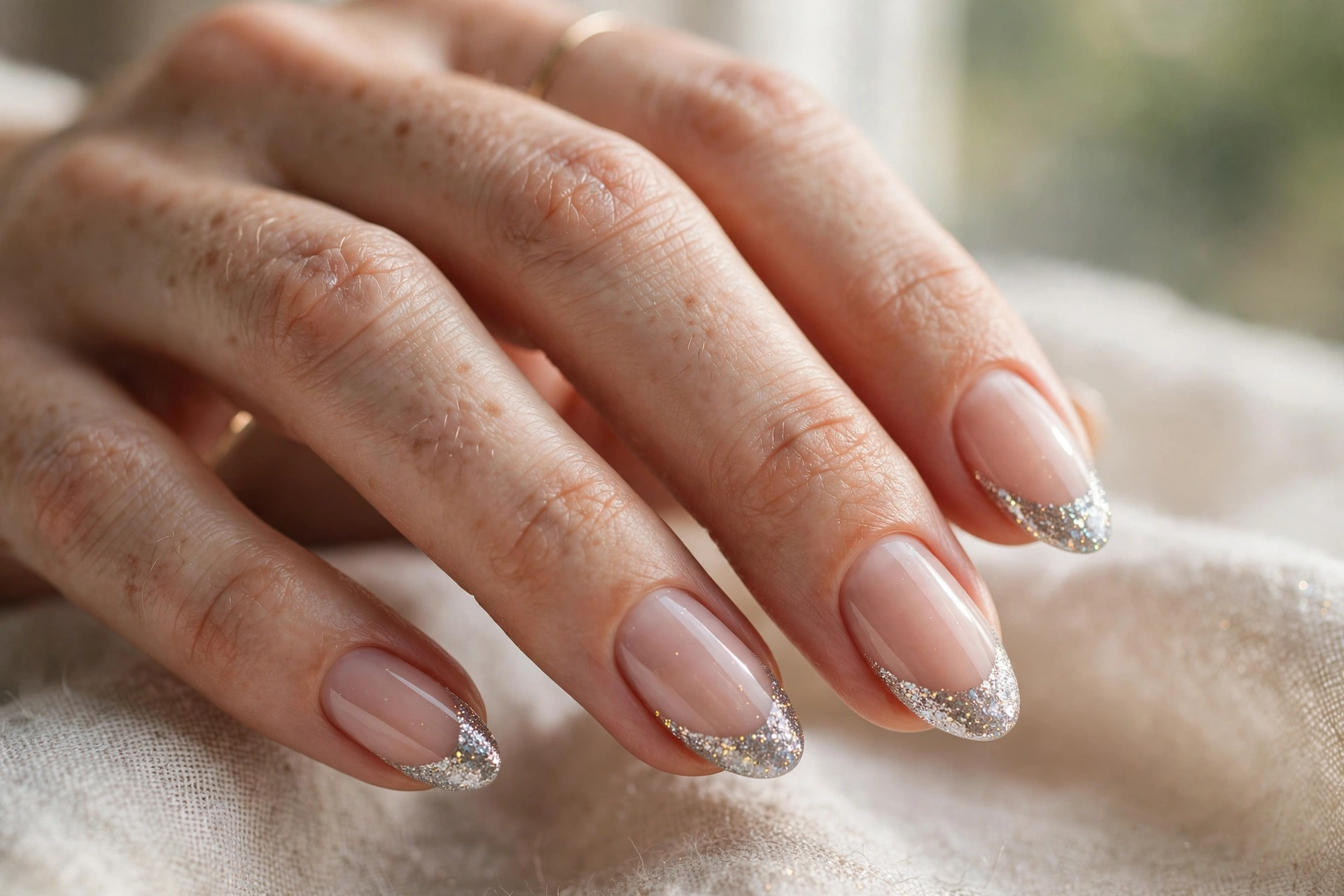 Glitter French tip nail designs with sparkling tips and nude base