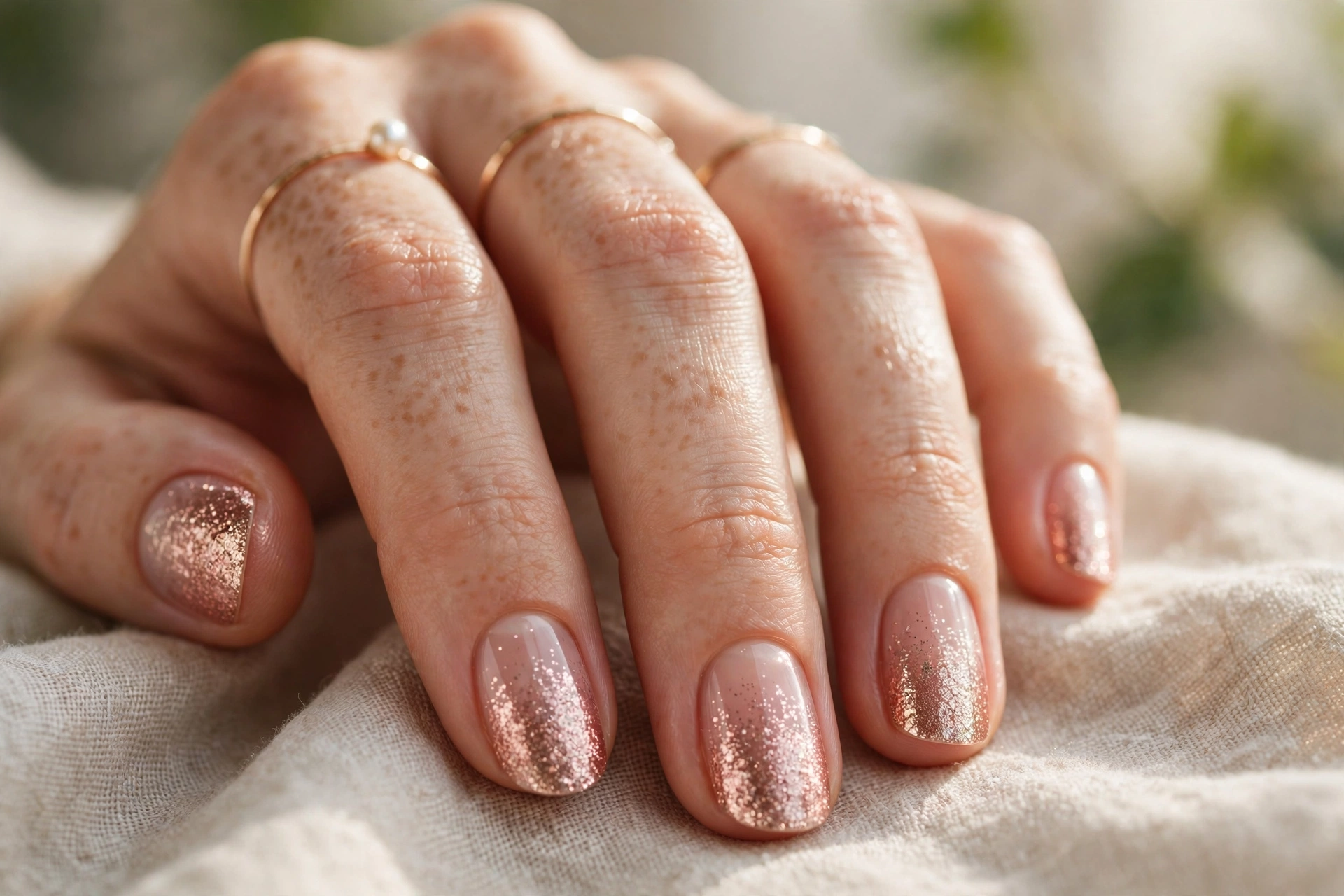 Rose gold glitter nail designs with sparkle fade ombre effect