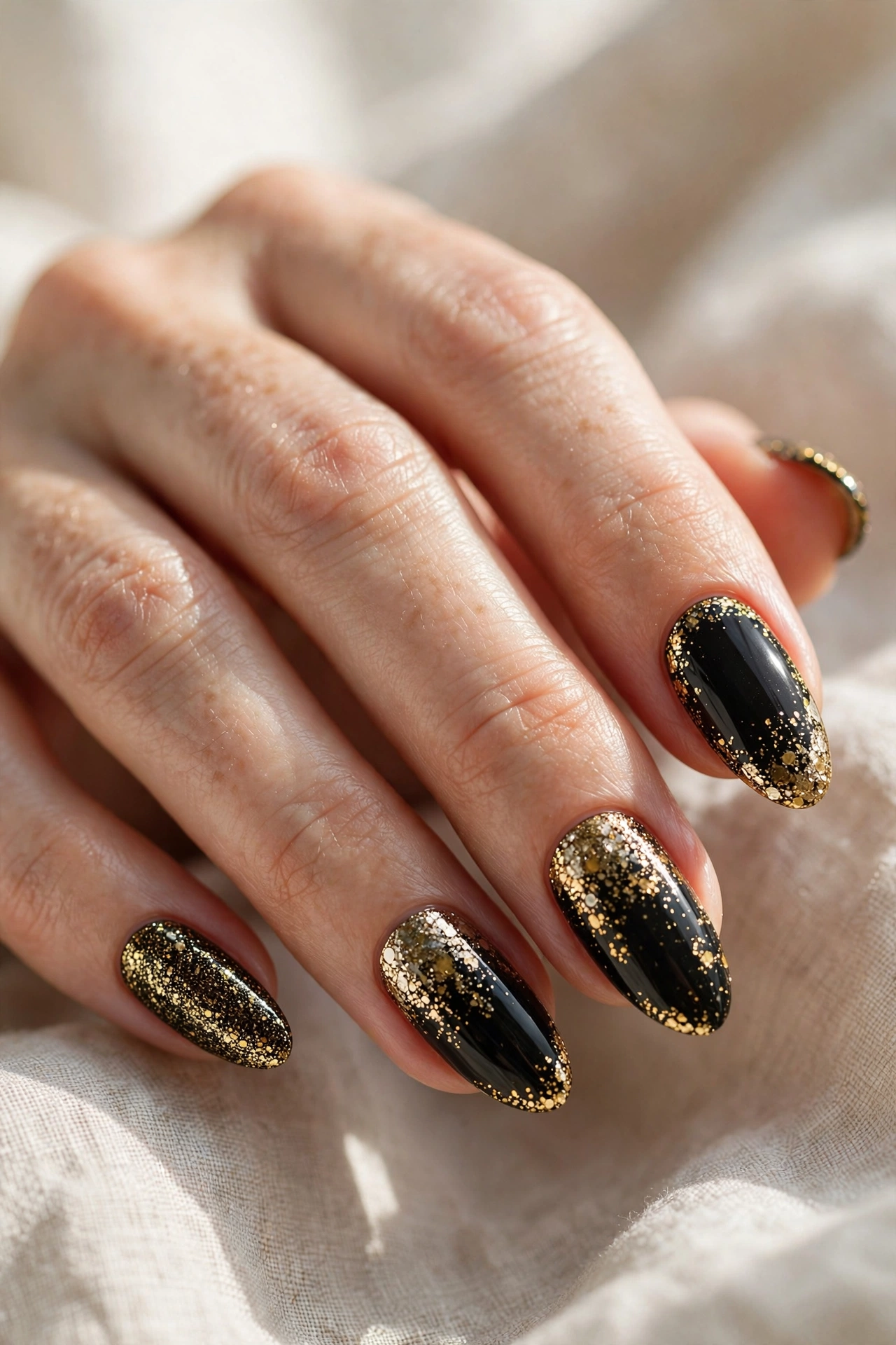 Black and gold glitter nail designs dramatic glamorous party manicure