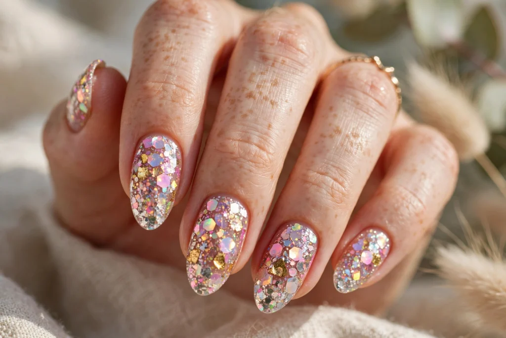Chunky festival glitter nail designs with mixed size sparkle particles