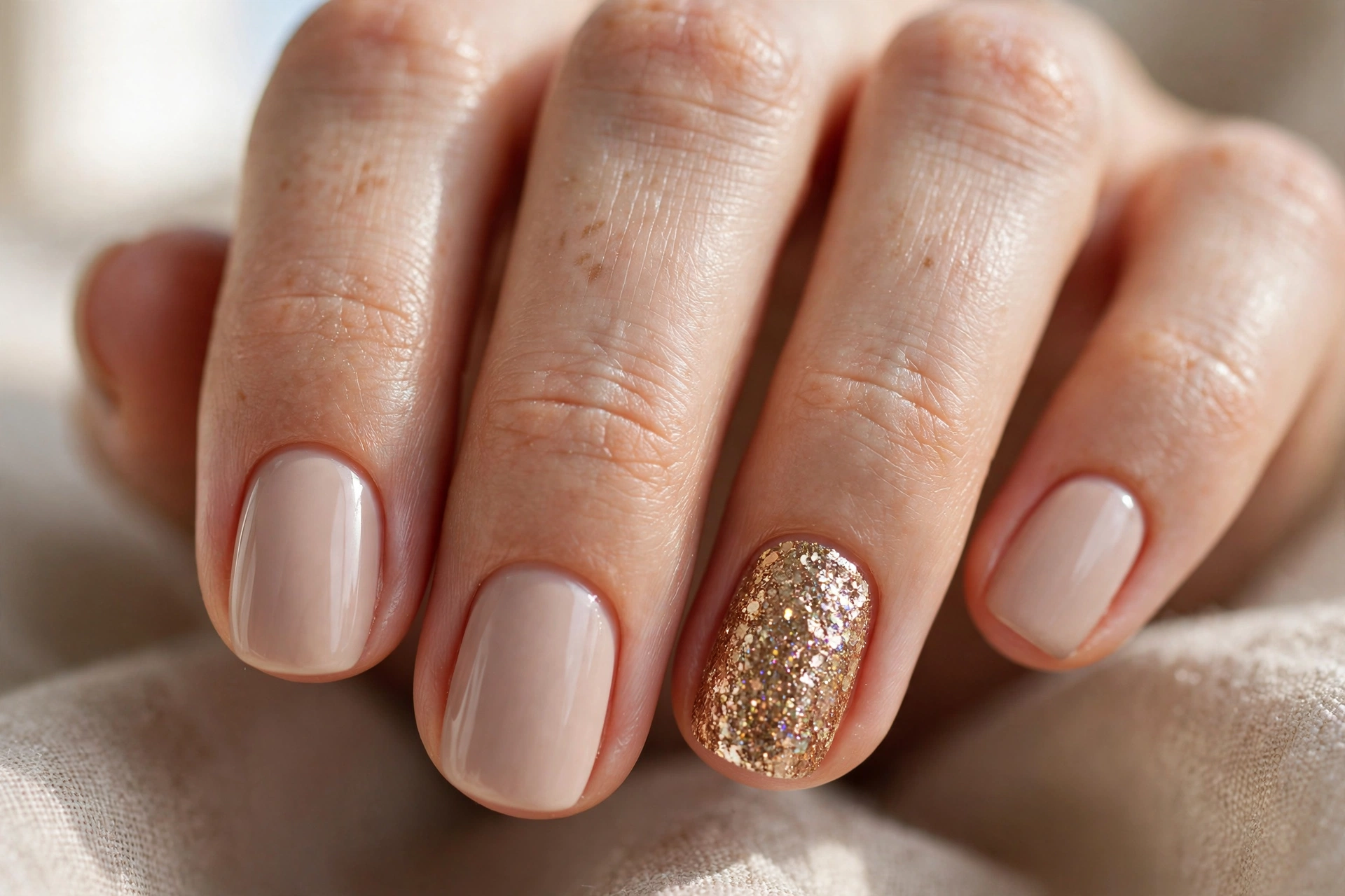 Glitter accent nail designs with single sparkling nail and solid colour