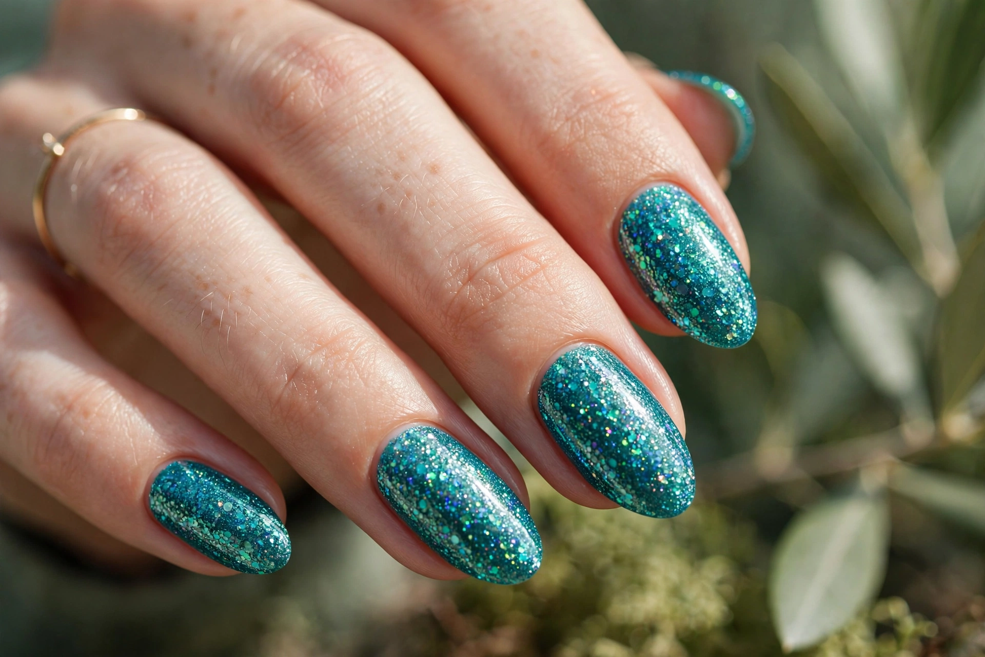 Mermaid teal glitter nail designs with iridescent ocean sparkle