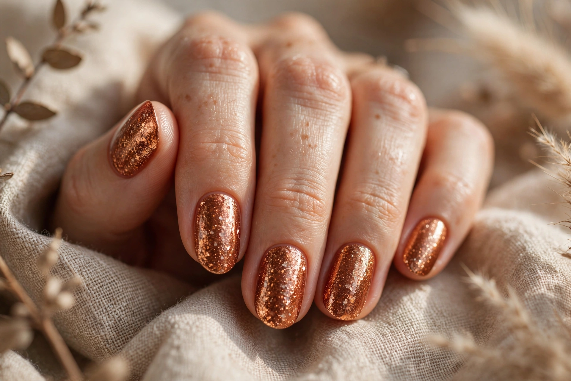 Copper glitter nail designs with warm metallic autumn sparkle