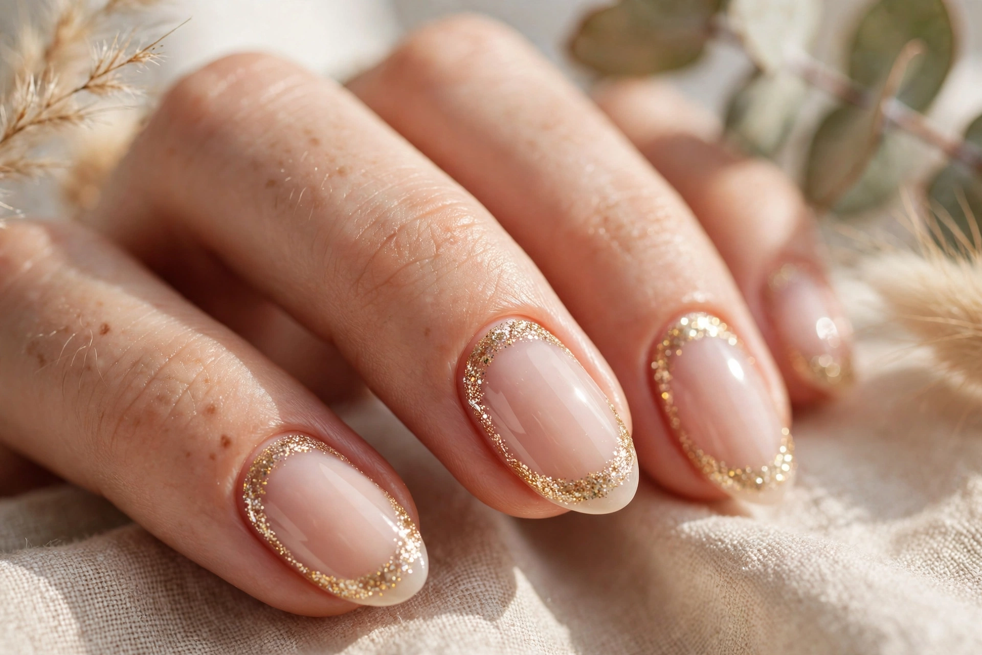 Glitter cuticle halo nail designs with sparkling crescent at base
