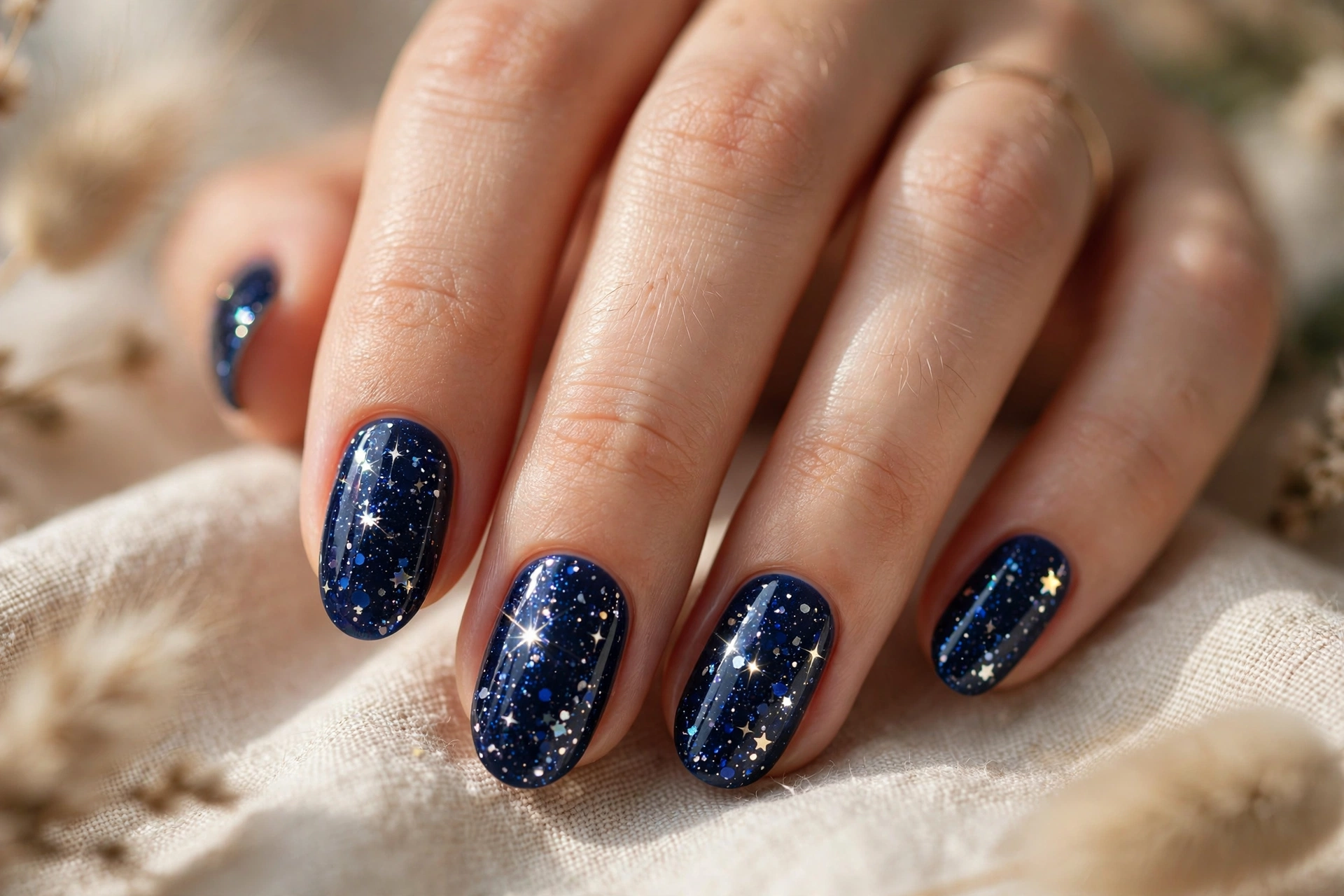 Midnight blue starry glitter nail designs with cosmic sparkle