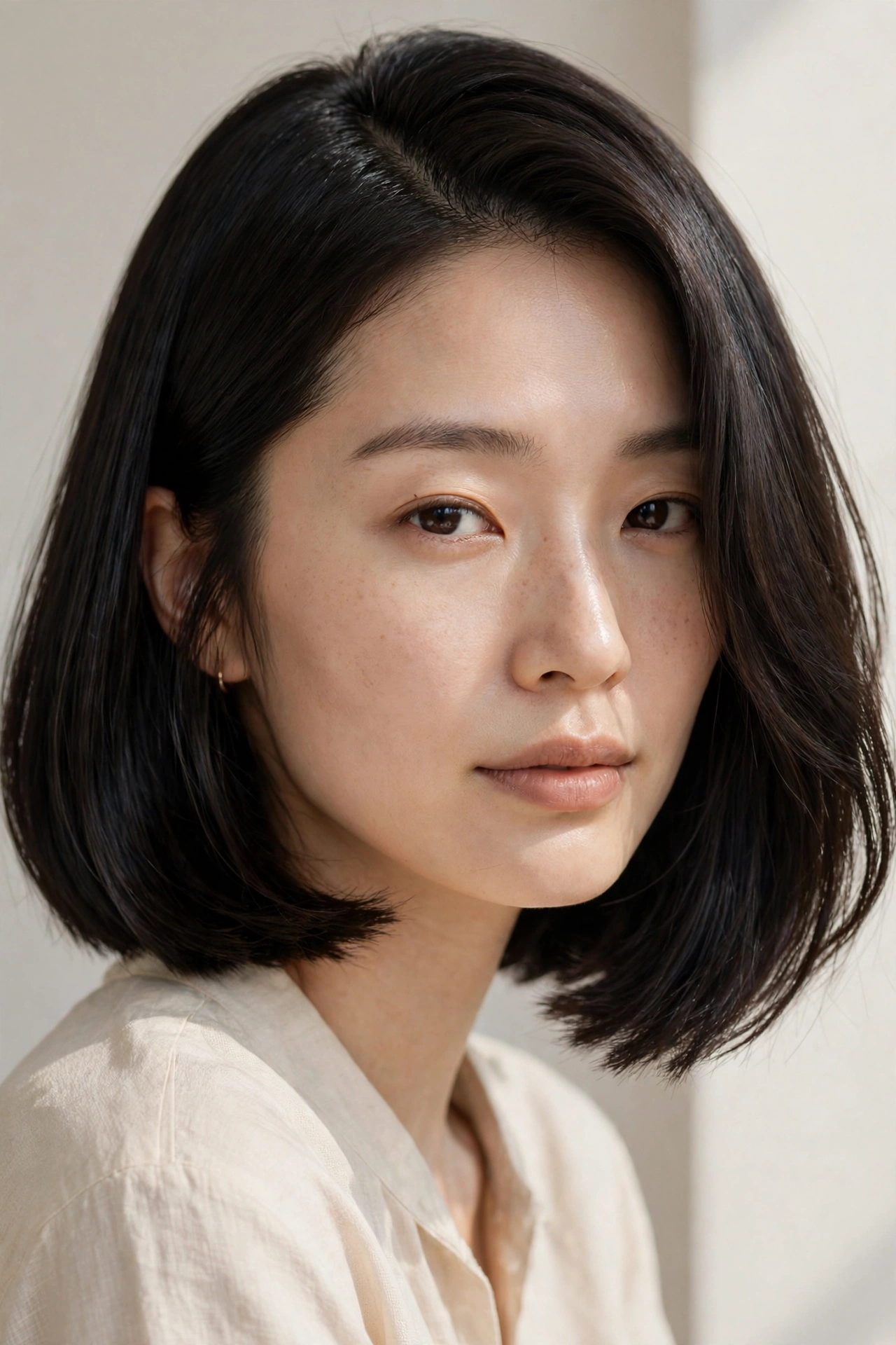 Woman with a blunt bob and deep side part, one of the best hairstyles for thin hair