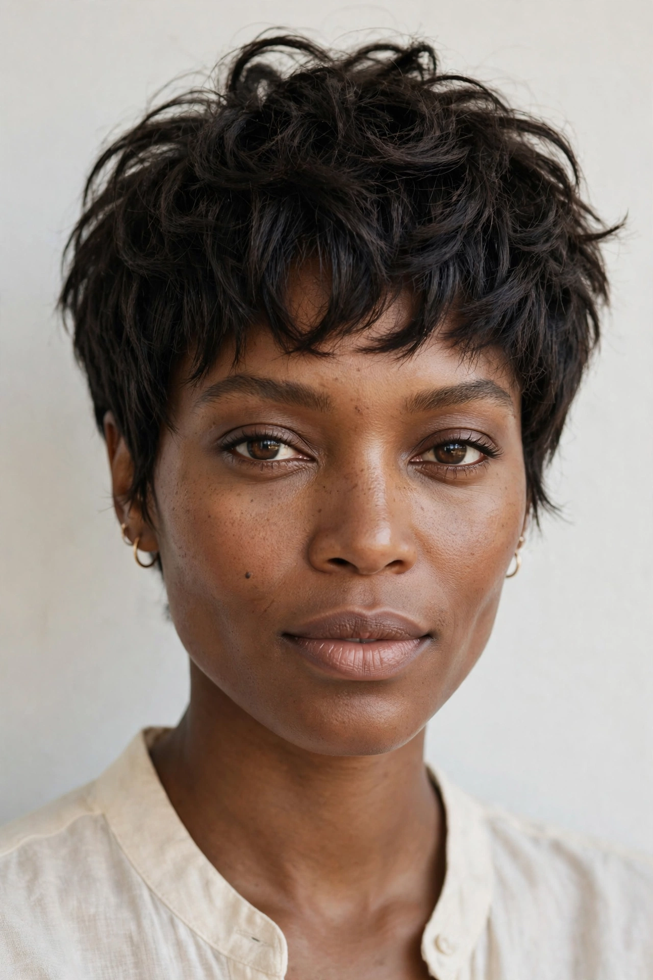 Woman with a textured pixie cut with choppy layers, a volumizing hairstyle for thin hair