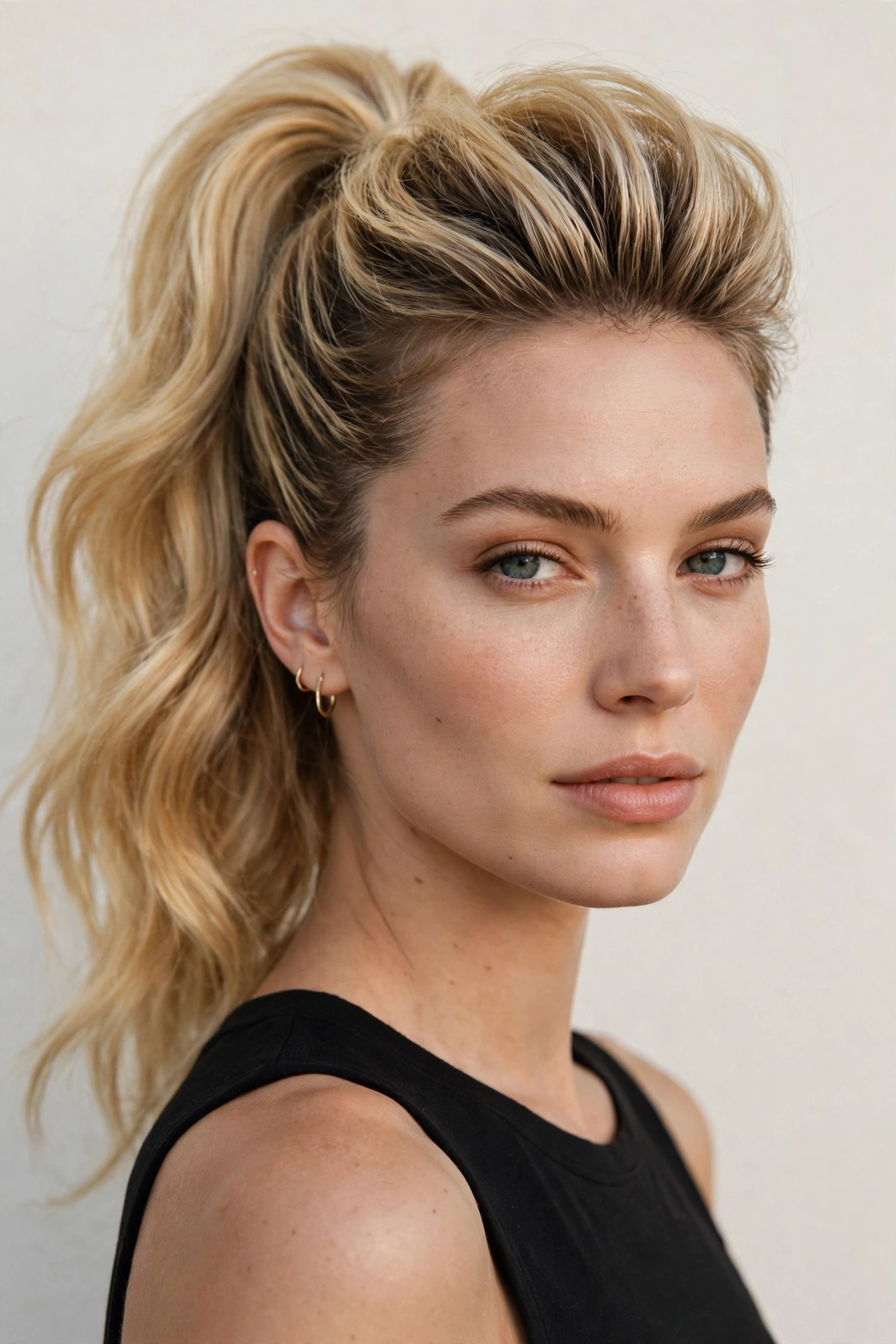 Woman with a high ponytail and teased crown, a volume-boosting hairstyle for thin hair