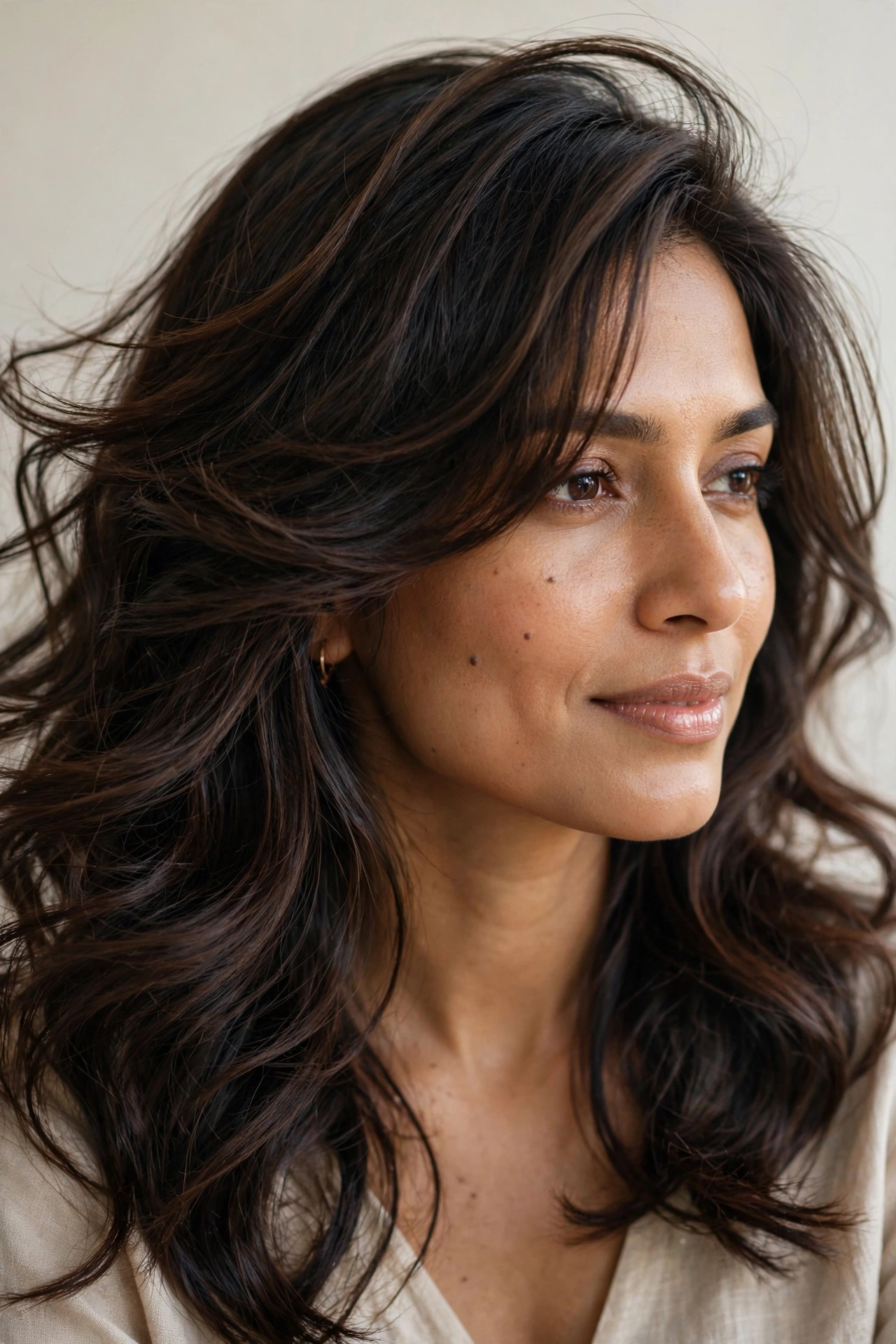 Woman with side-swept bangs and soft waves, a fuller-looking hairstyle for thin hair