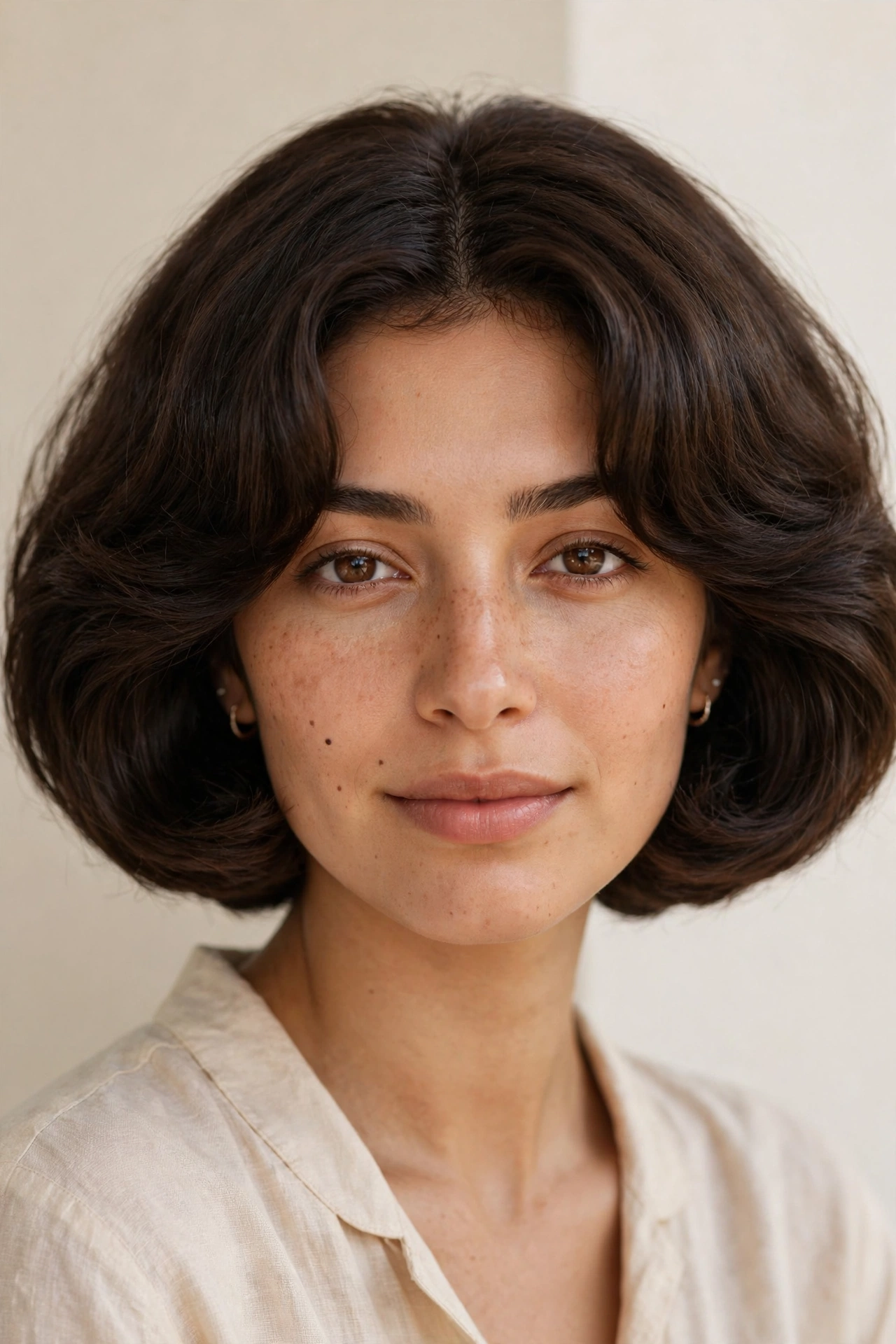 Woman with curtain bangs and a bouncy bob, a trendy hairstyle for thin hair