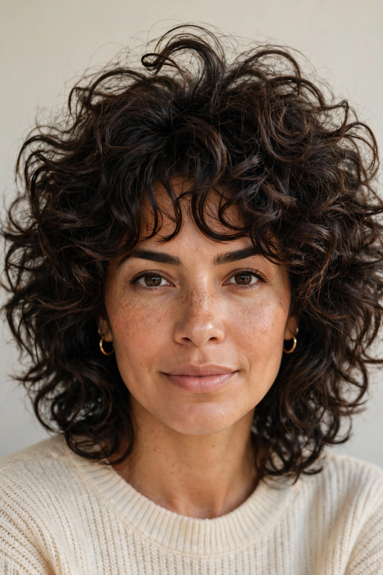 Woman with a root-lifted curly shag, a big-volume hairstyle for thin curly hair
