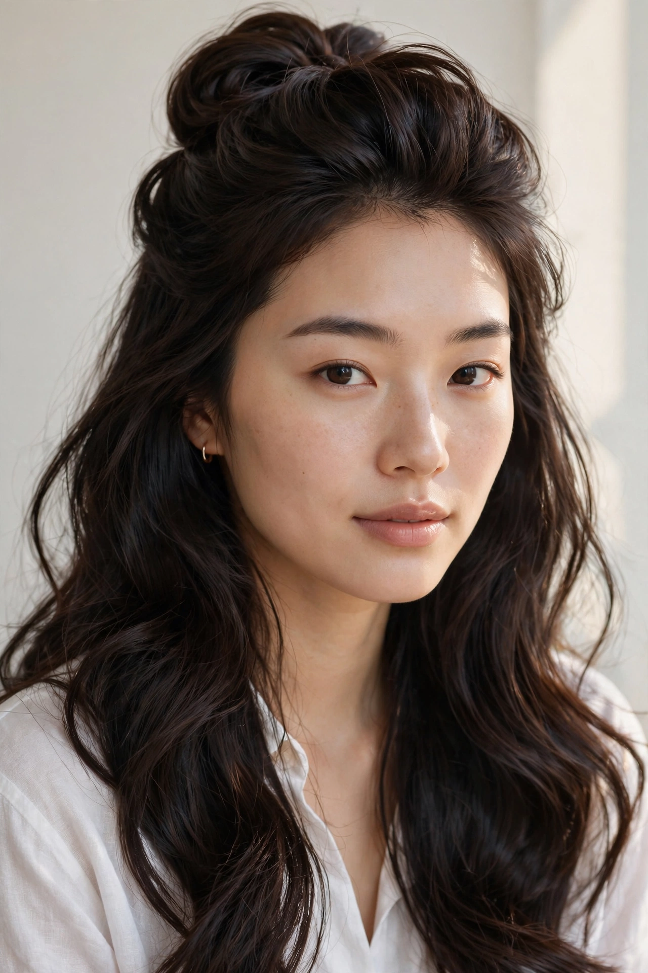Woman with a half-up bouffant twist, an elegant voluminous hairstyle for thin hair