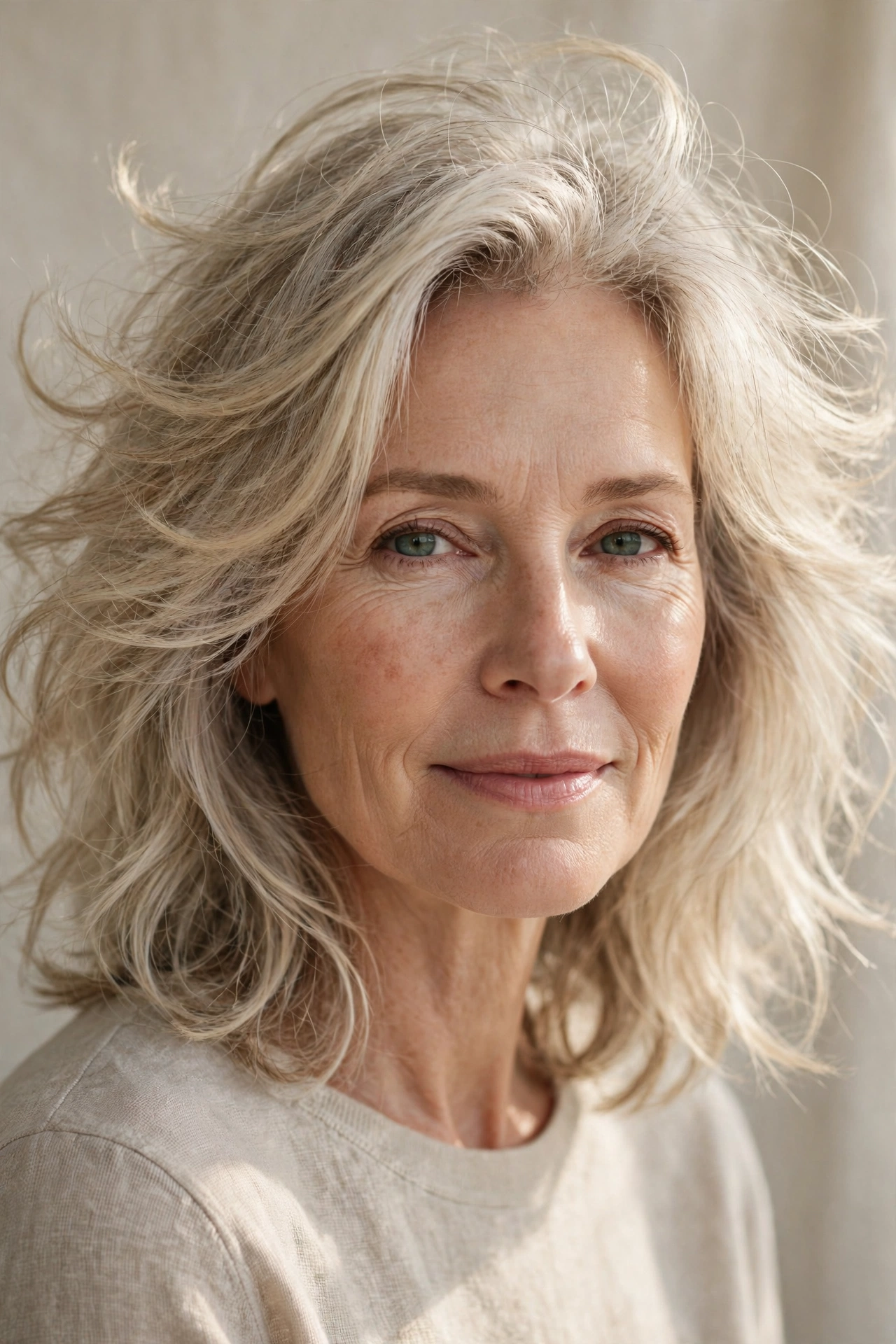 Woman with a wispy feathered mid-length cut, an airy hairstyle for thin hair