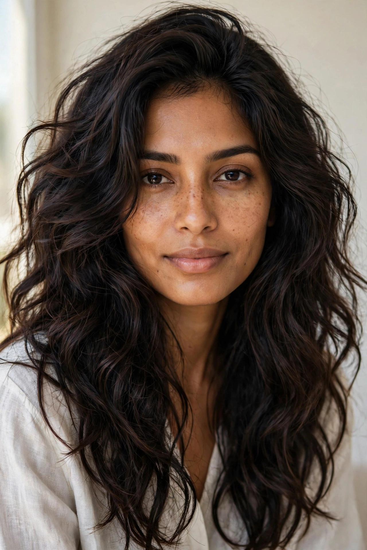 Woman with tousled beach waves and long layers, a textured hairstyle for thin hair