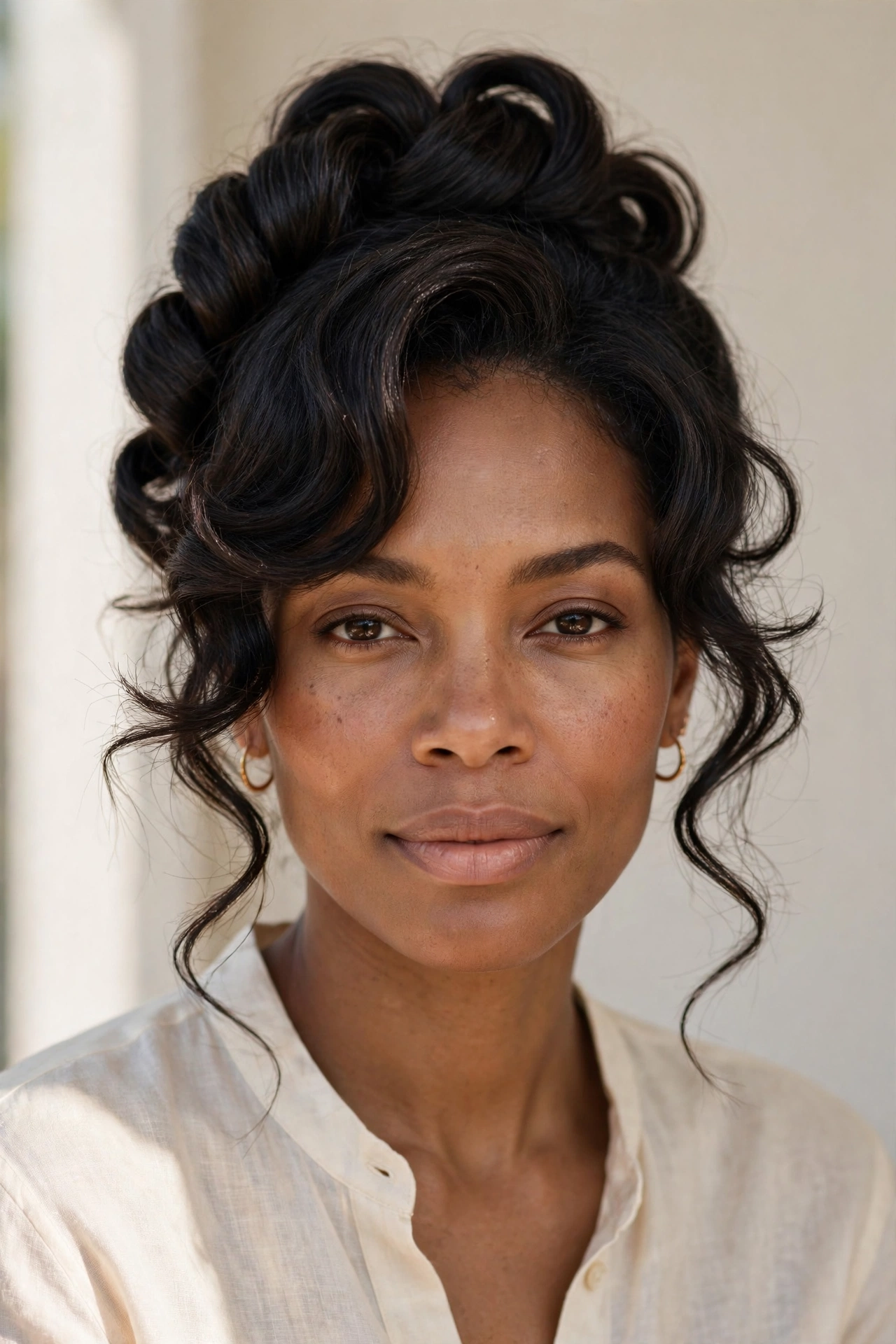 Woman with a voluminous French twist updo, a sophisticated hairstyle for thin hair