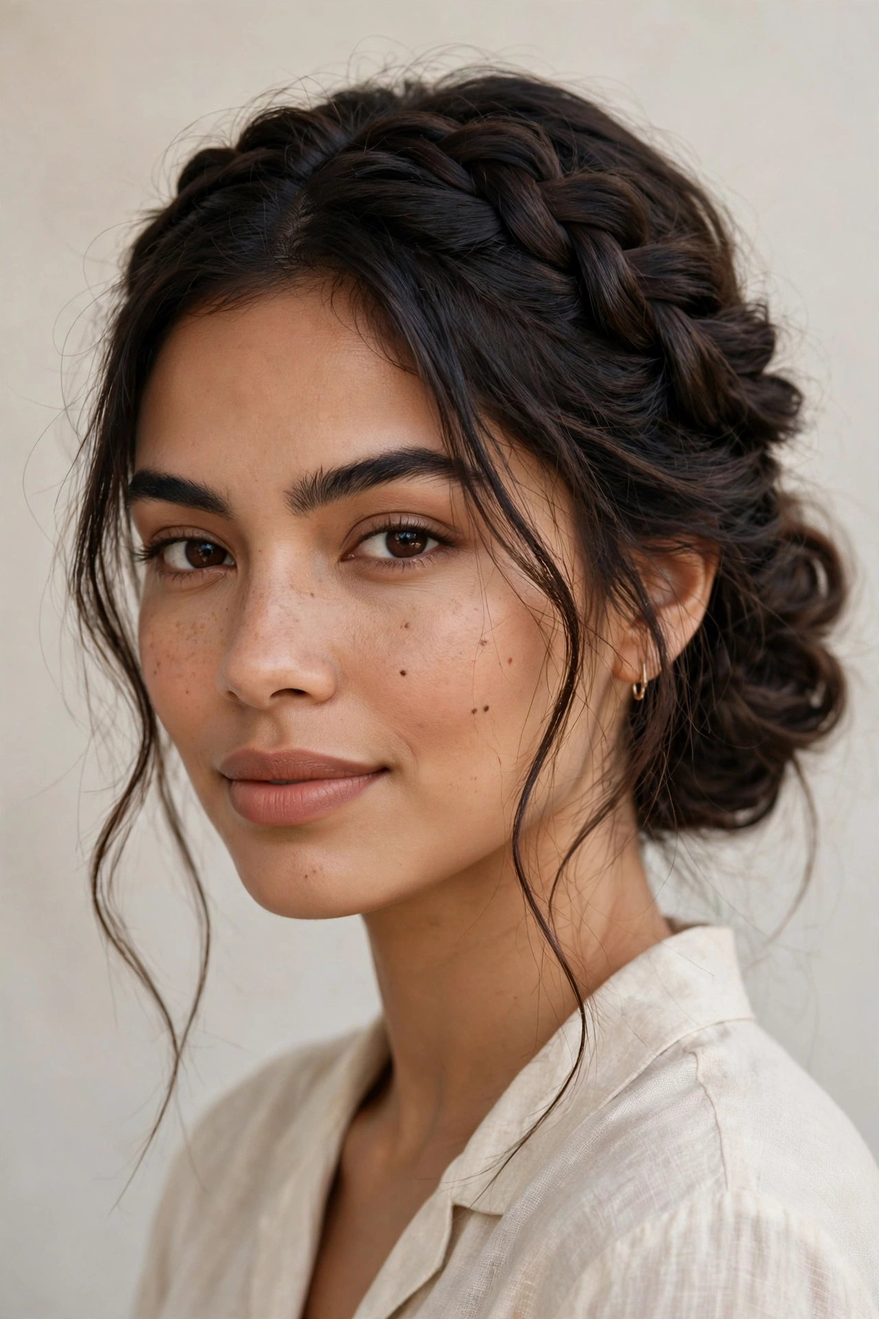 Woman with a crown braid into a low voluminous bun, a romantic hairstyle for thin hair