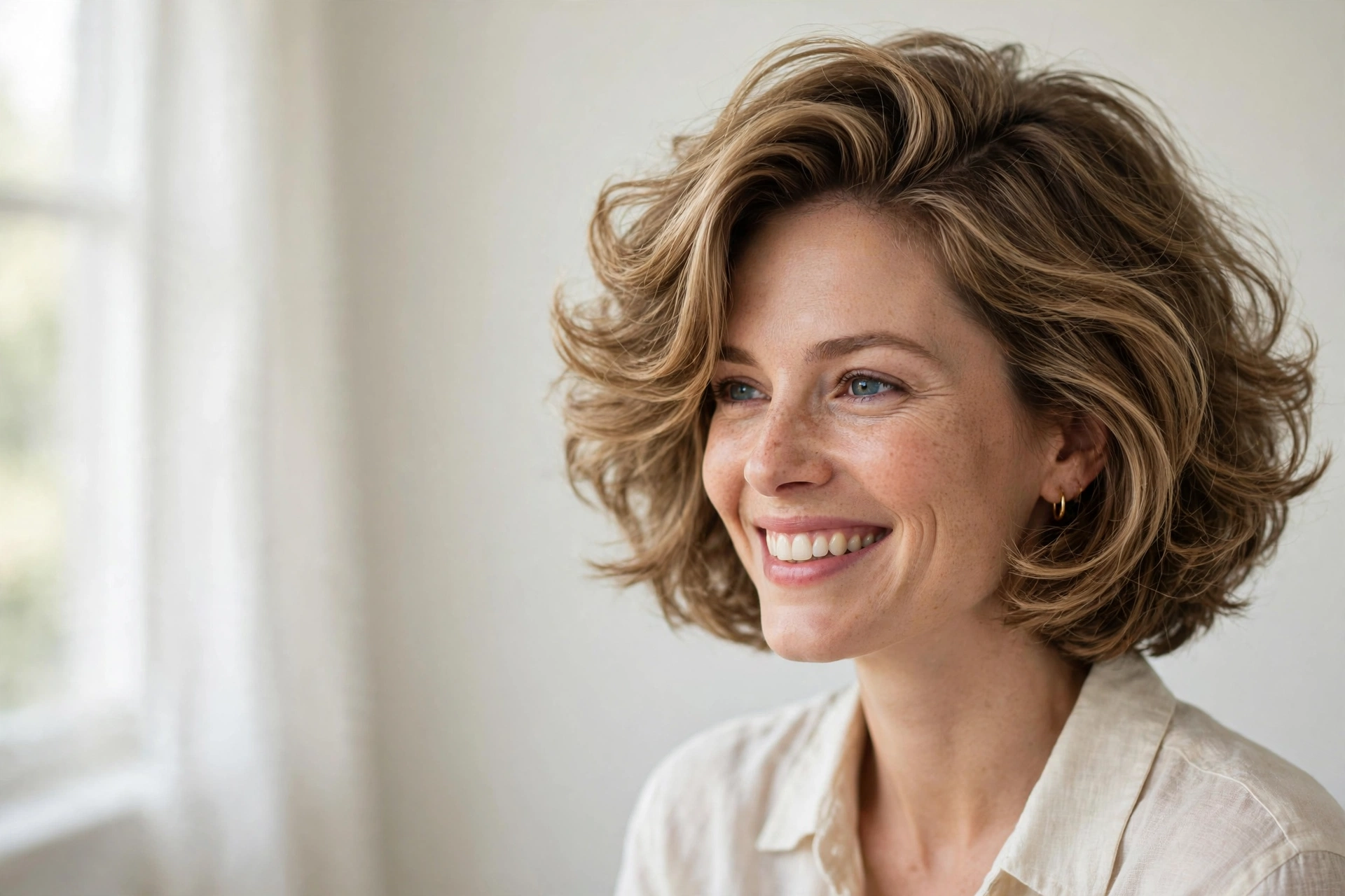 Woman with voluminous layered bob, one of the best hairstyles for thin hair that adds body