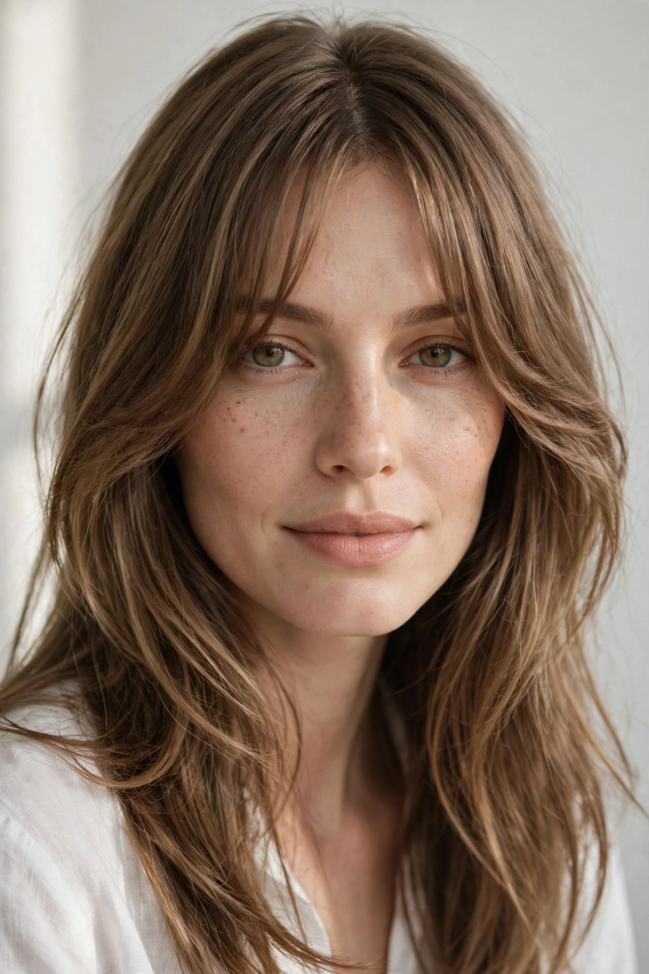 Woman with curtain bangs and long layered hair, one of the most flattering hairstyles with bangs for oval faces