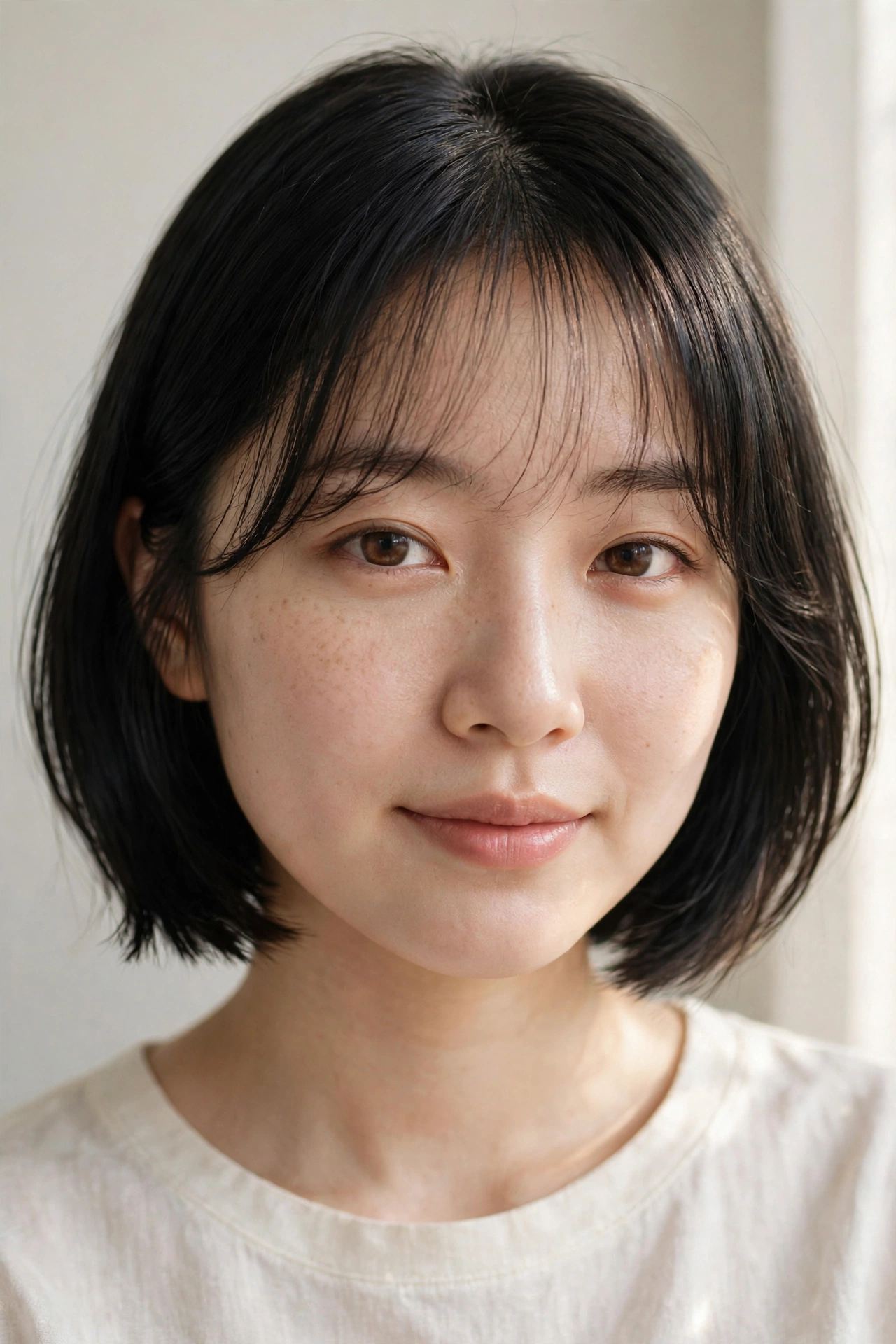 Woman with wispy bangs and a chin-length bob, a flattering hairstyle with bangs for round faces