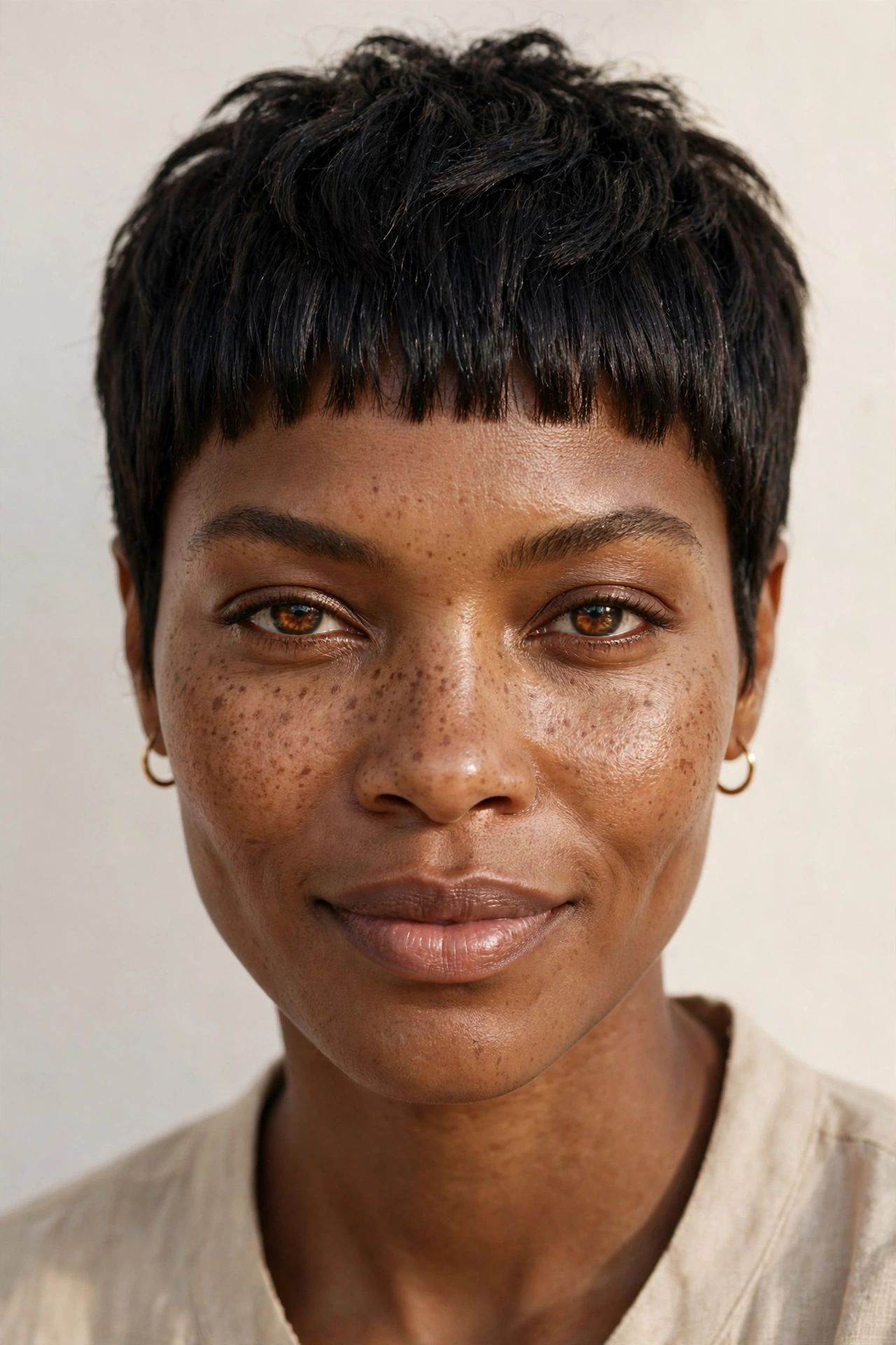 Woman with blunt micro bangs and a pixie cut, an edgy hairstyle with bangs for heart faces