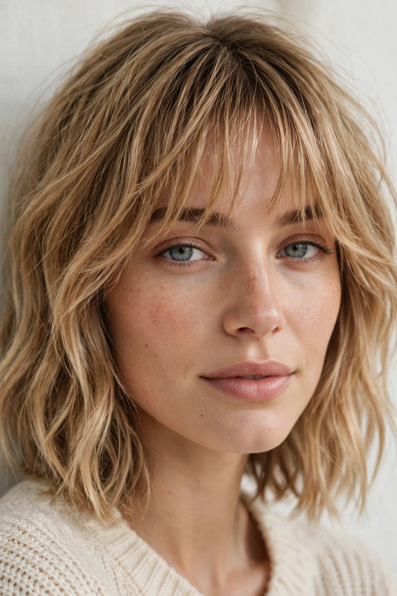 Woman with French girl bangs and a textured lob, an effortless hairstyle with bangs for oval faces