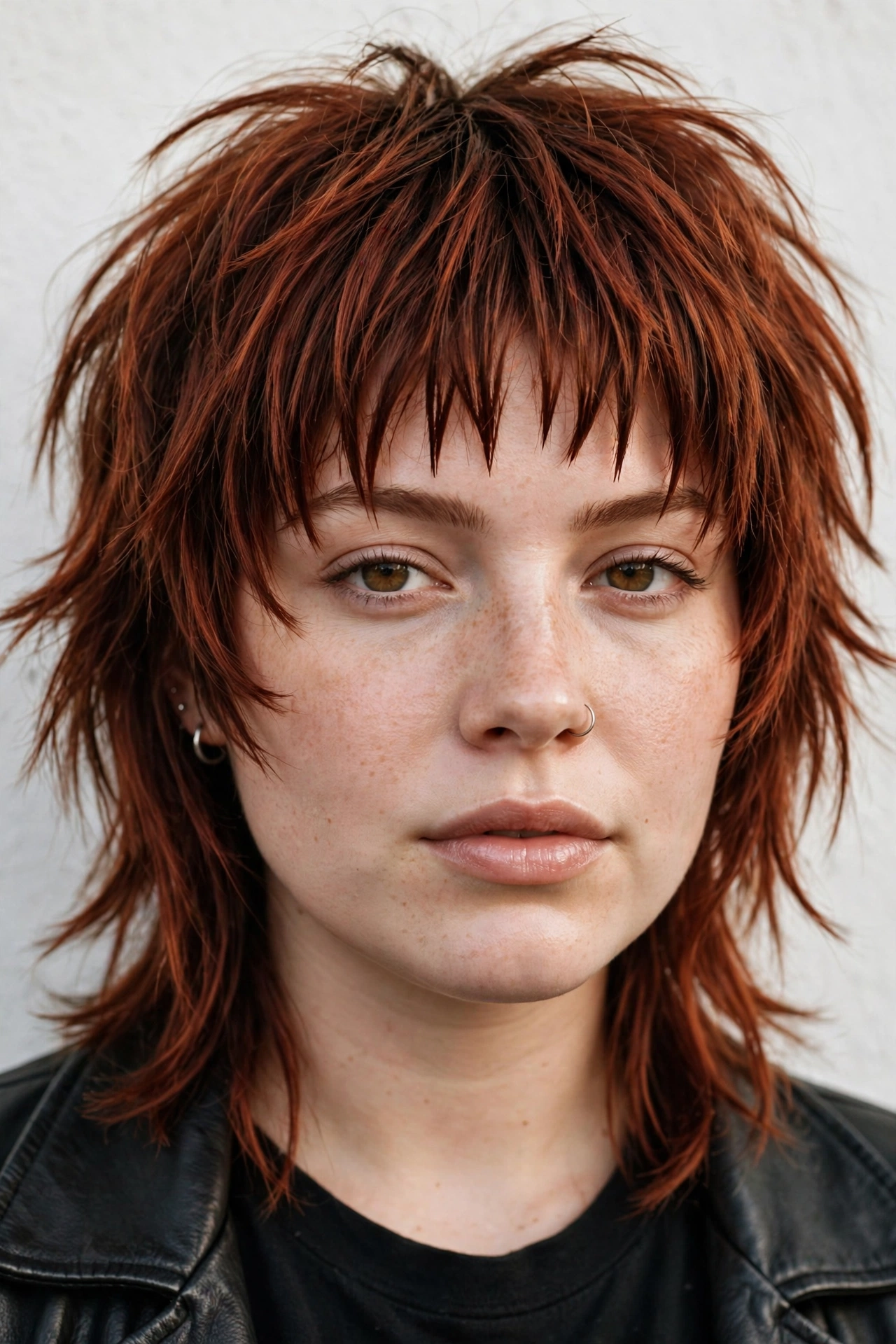Woman with choppy bangs and a layered shag haircut, a trendy hairstyle with bangs for round faces