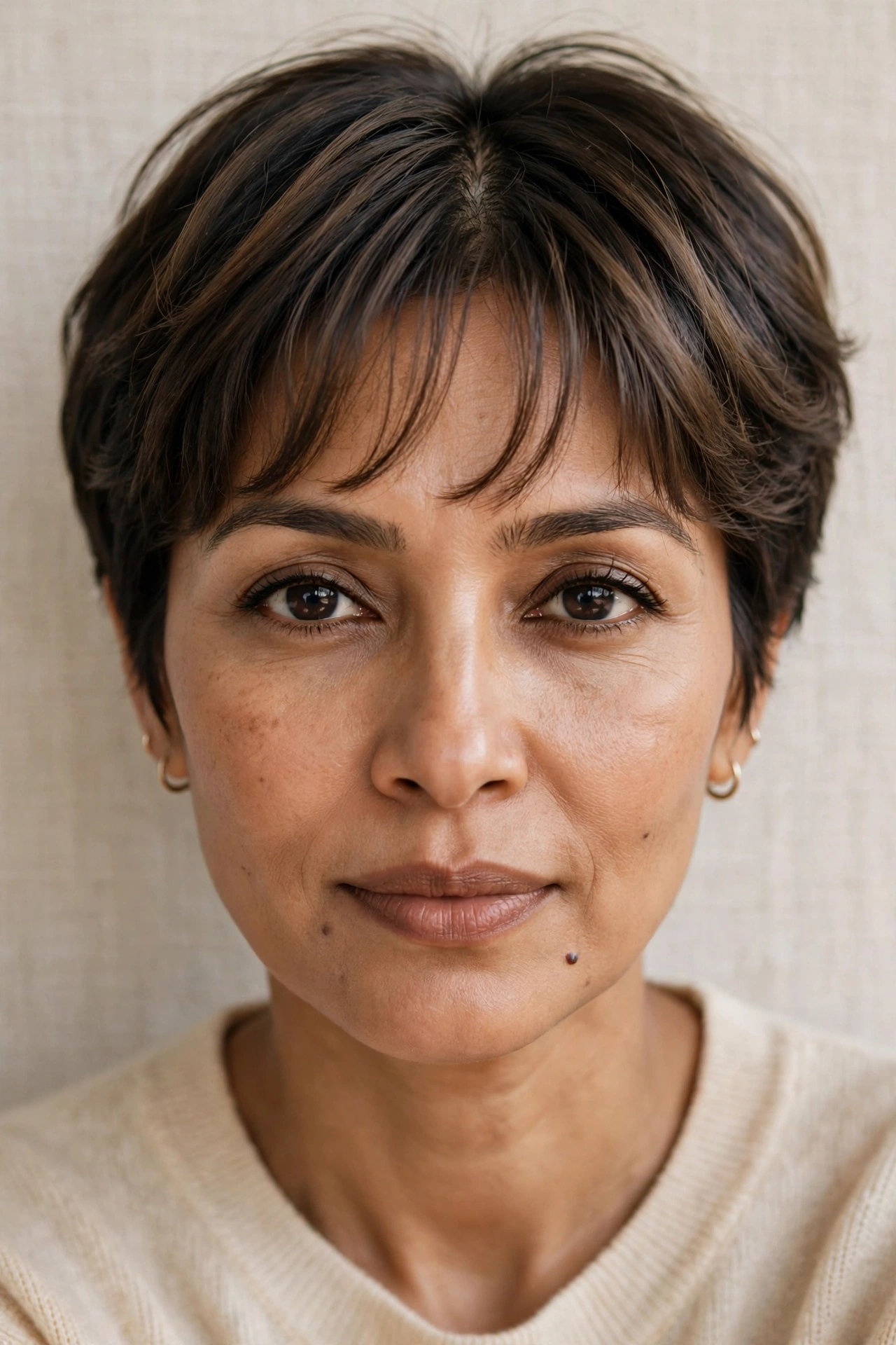 Woman with feathered curtain bangs and a short pixie, a soft hairstyle with bangs for heart faces