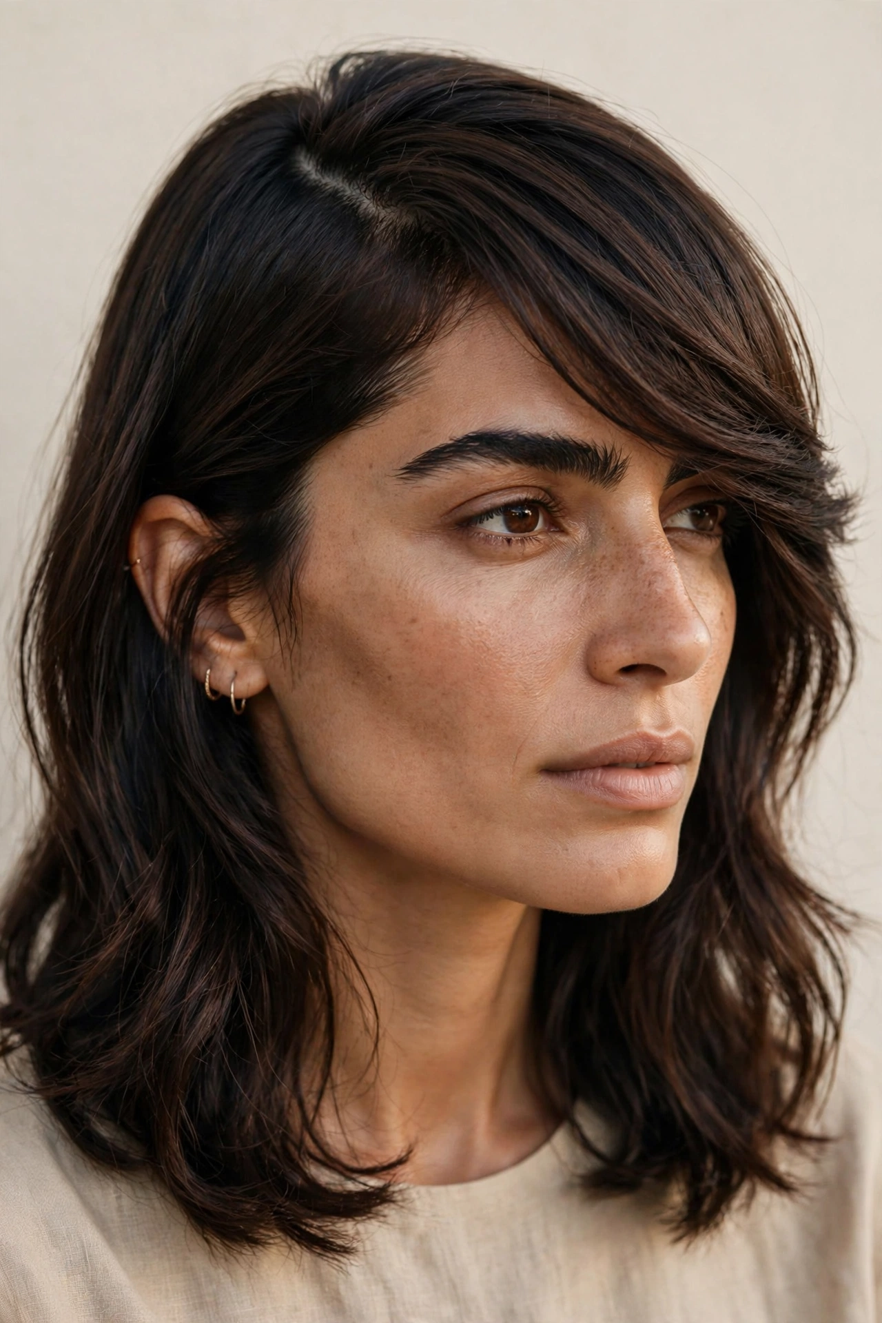 Woman with long side bangs and a lob haircut, a flattering hairstyle with bangs for square faces