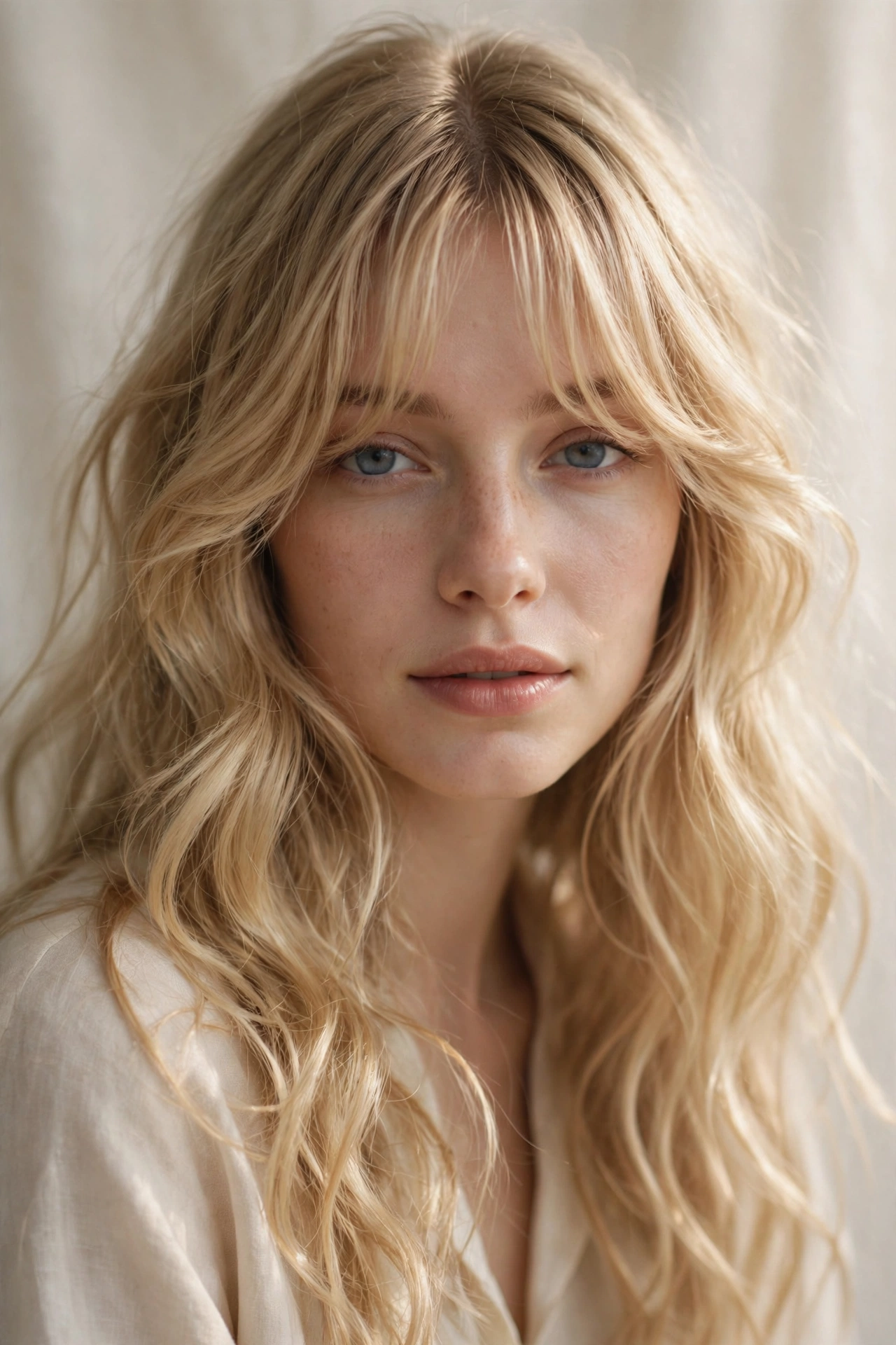 Woman with soft curtain bangs and loose wavy hair, a romantic hairstyle with bangs for oval faces