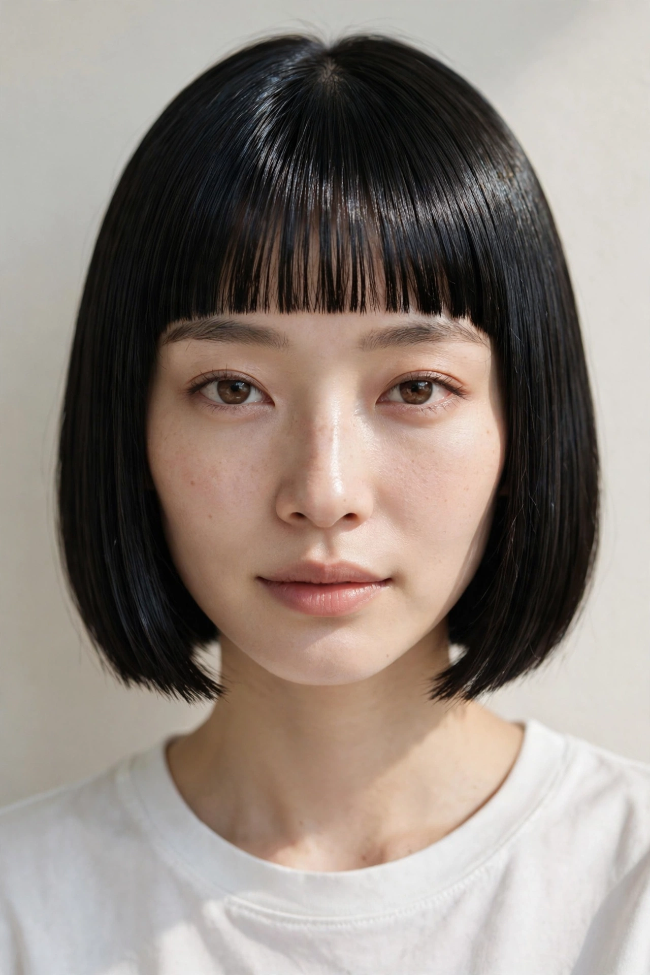 Woman with blunt bangs and a sleek bob, a chic hairstyle with bangs for heart faces