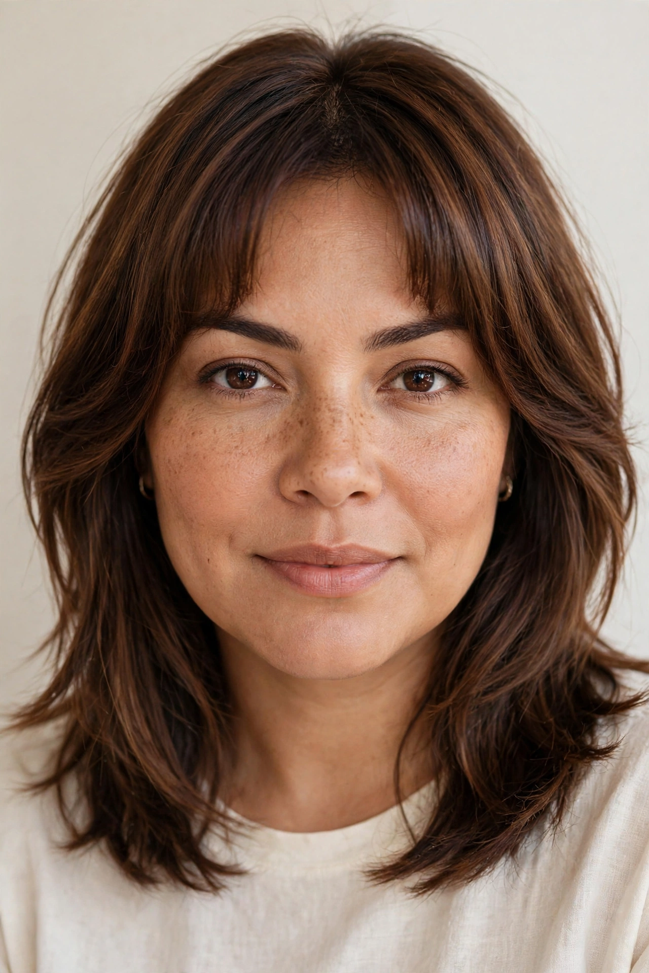 Woman with arched bangs and medium layered hair, a slimming hairstyle with bangs for round faces