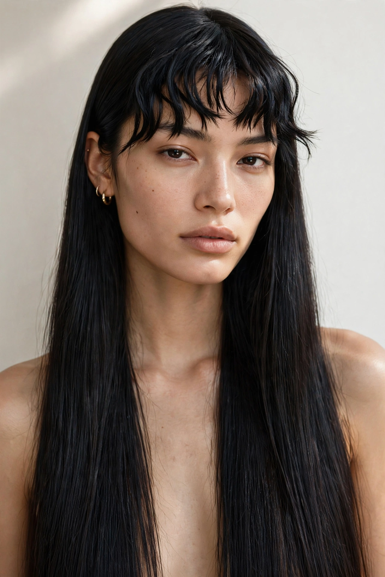 Woman with piecey bangs and long straight hair, an edgy hairstyle with bangs for square faces