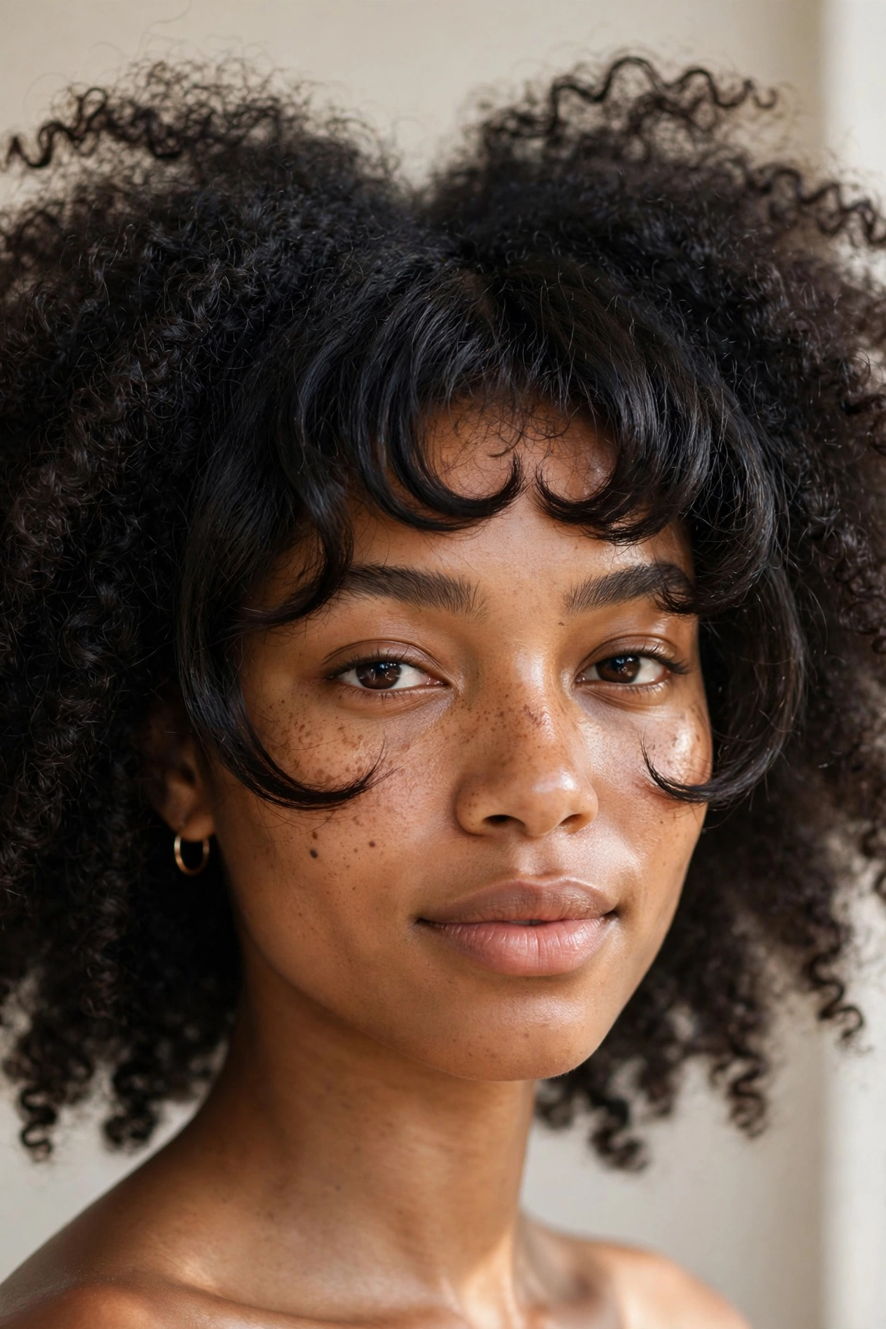 Woman with bottleneck bangs and voluminous curly hair, a trendy hairstyle with bangs for heart faces