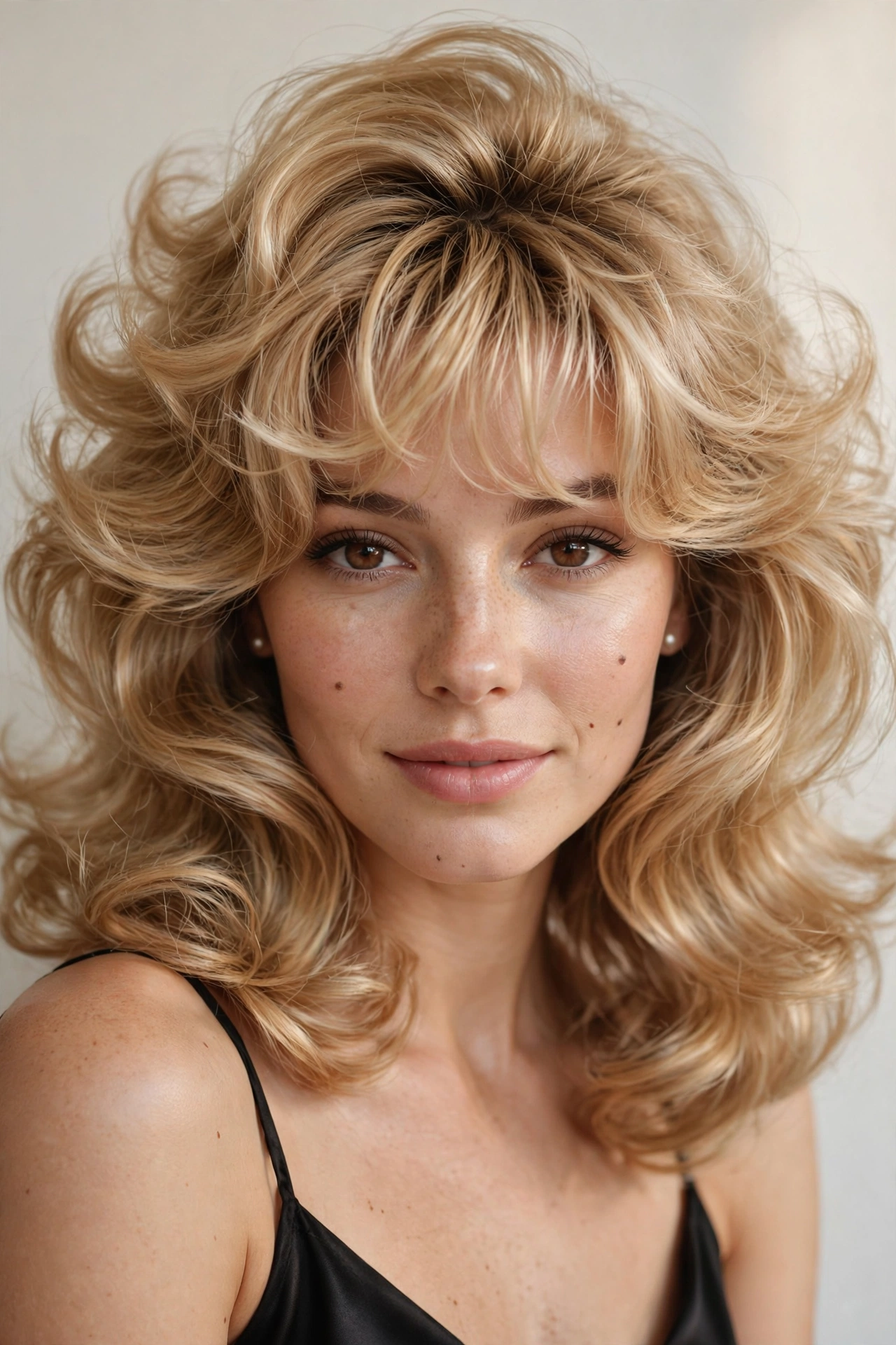 Woman with feathered bangs and a bouncy blowout, a glamorous hairstyle with bangs for oval faces