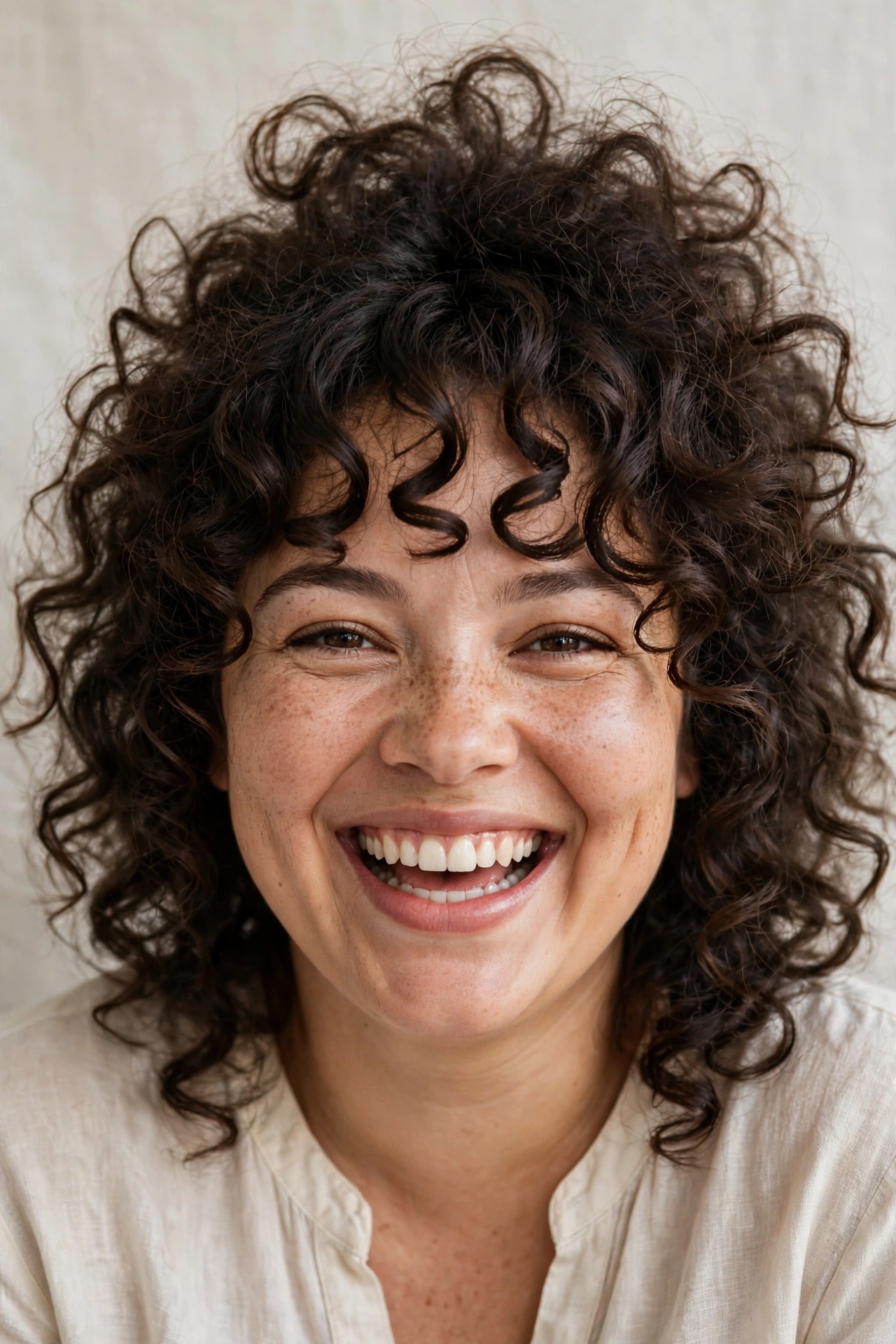 Woman with curly bangs on natural curly hair, a beautiful hairstyle with bangs for round faces