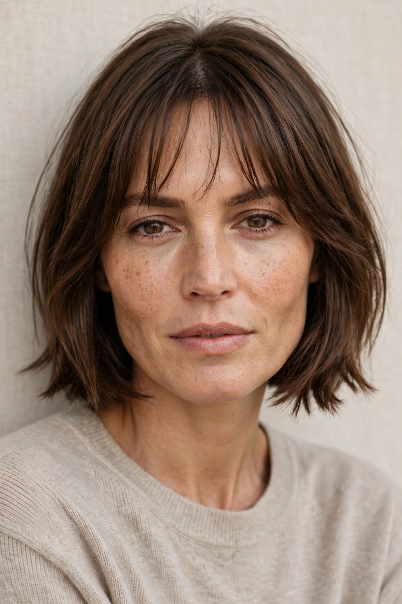 Woman with wispy curtain bangs and a chin-length bob, a soft hairstyle with bangs for square faces