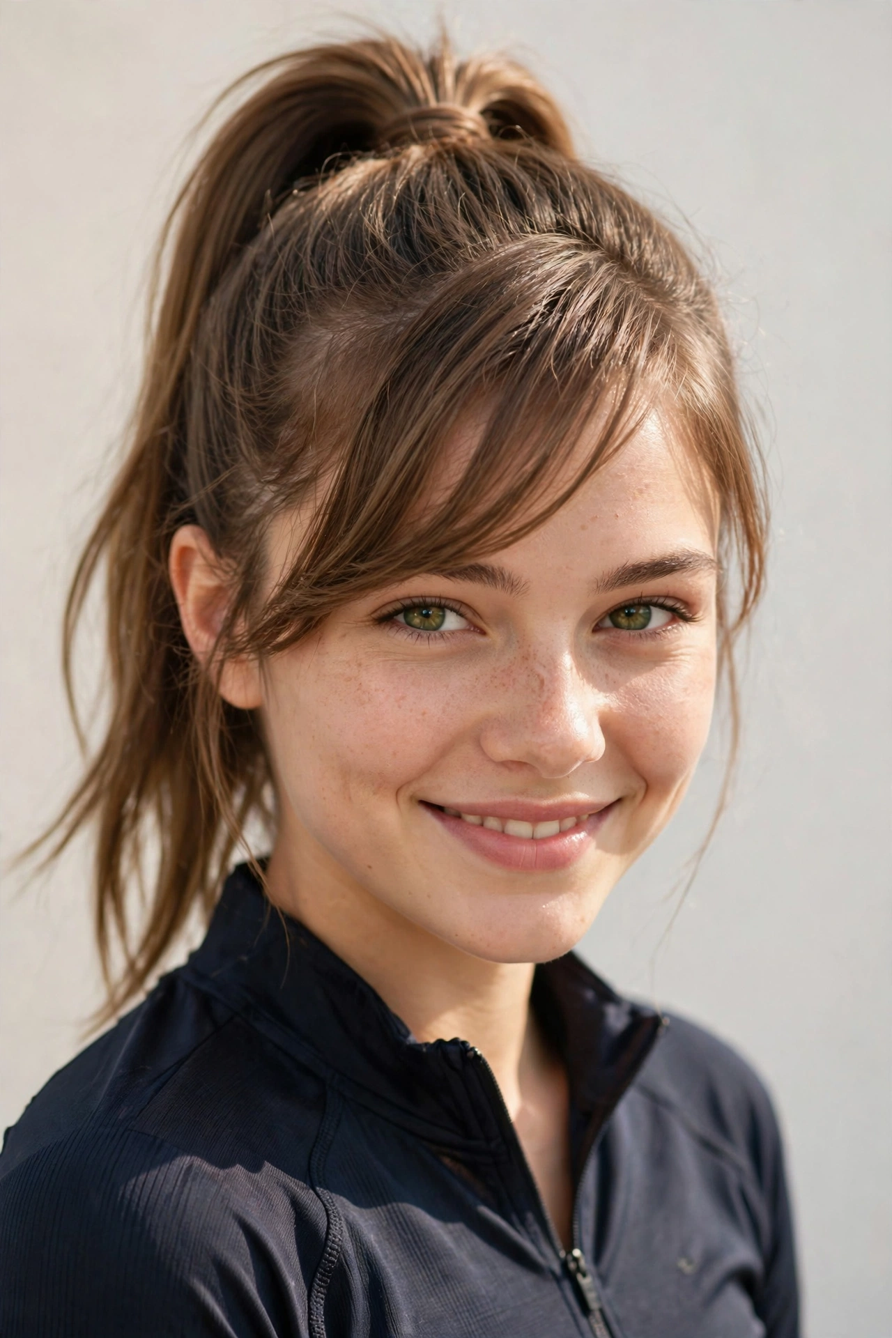 Woman with side-swept bangs and a high ponytail, a sporty hairstyle with bangs for heart faces