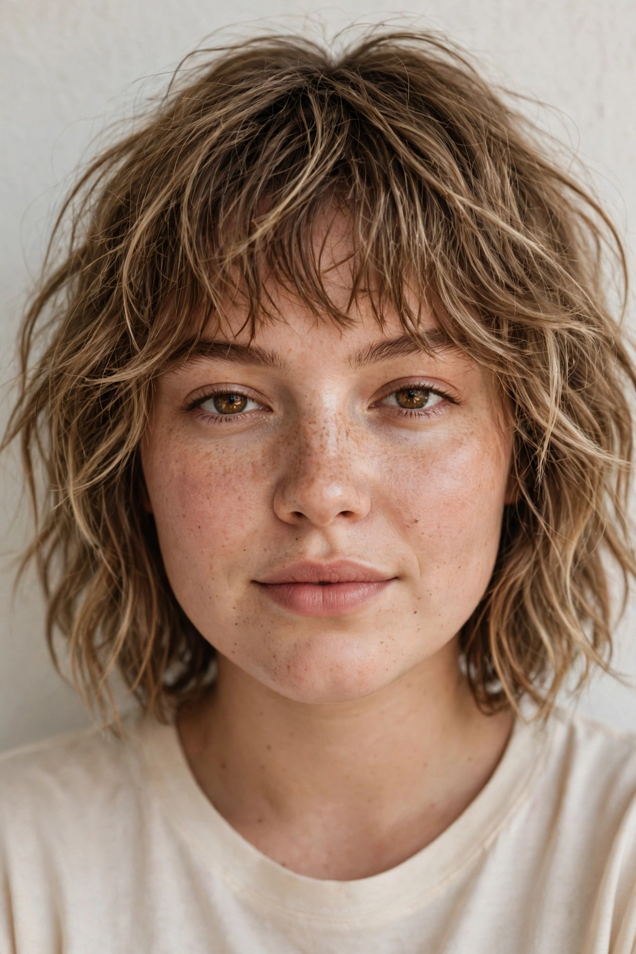 Woman with textured fringe and a wavy lob, a modern hairstyle with bangs for round faces