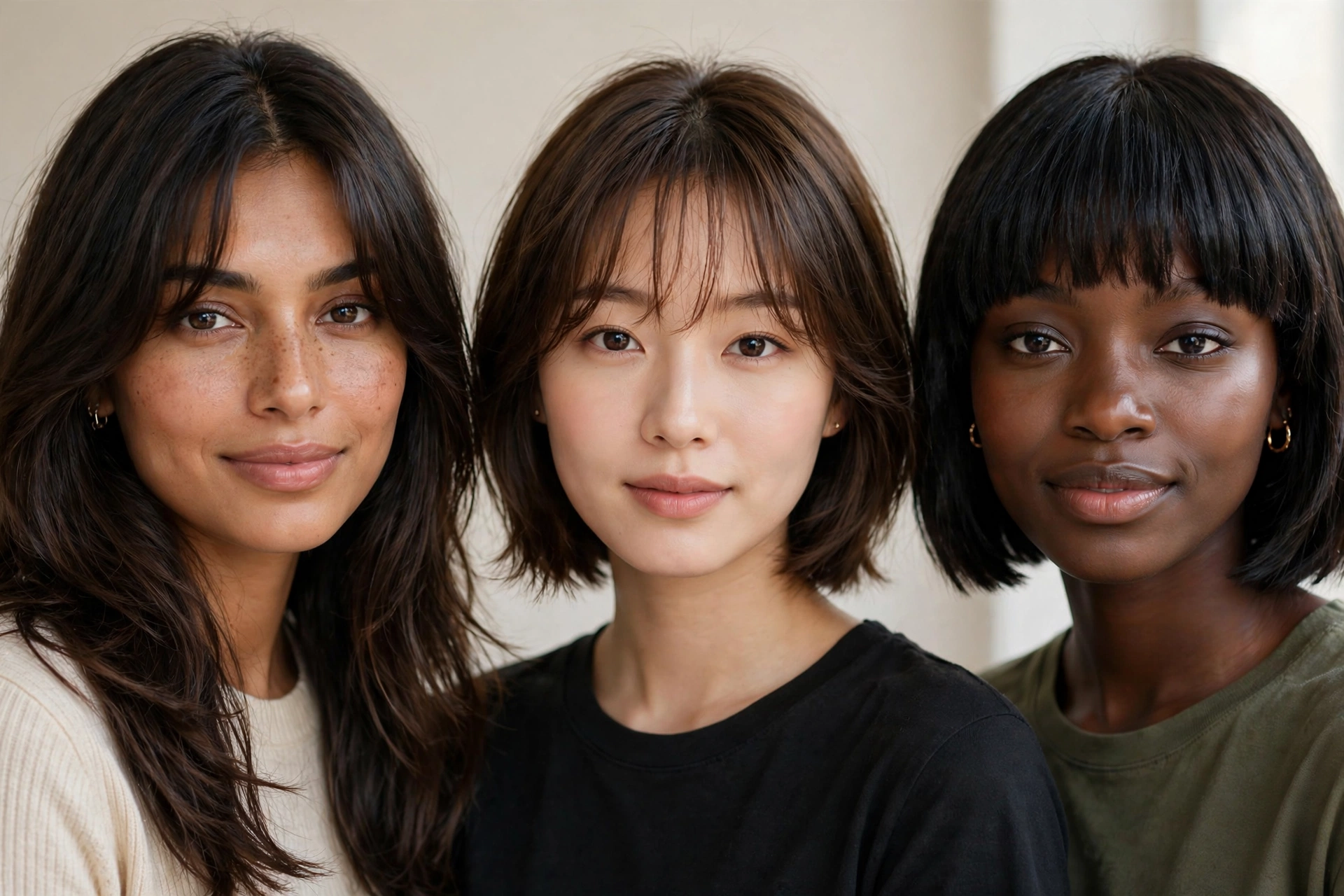Three women with different hairstyles with bangs for oval, round, and heart face shapes