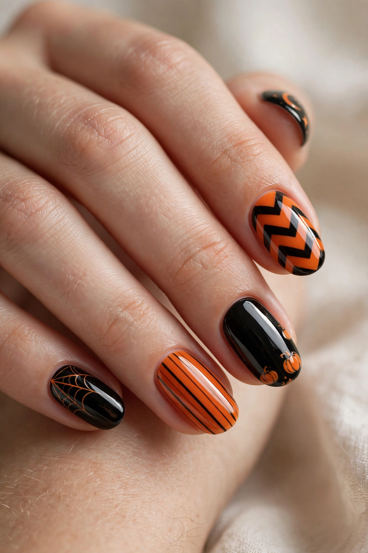 Orange and black halloween nail designs in classic spooky colour combination