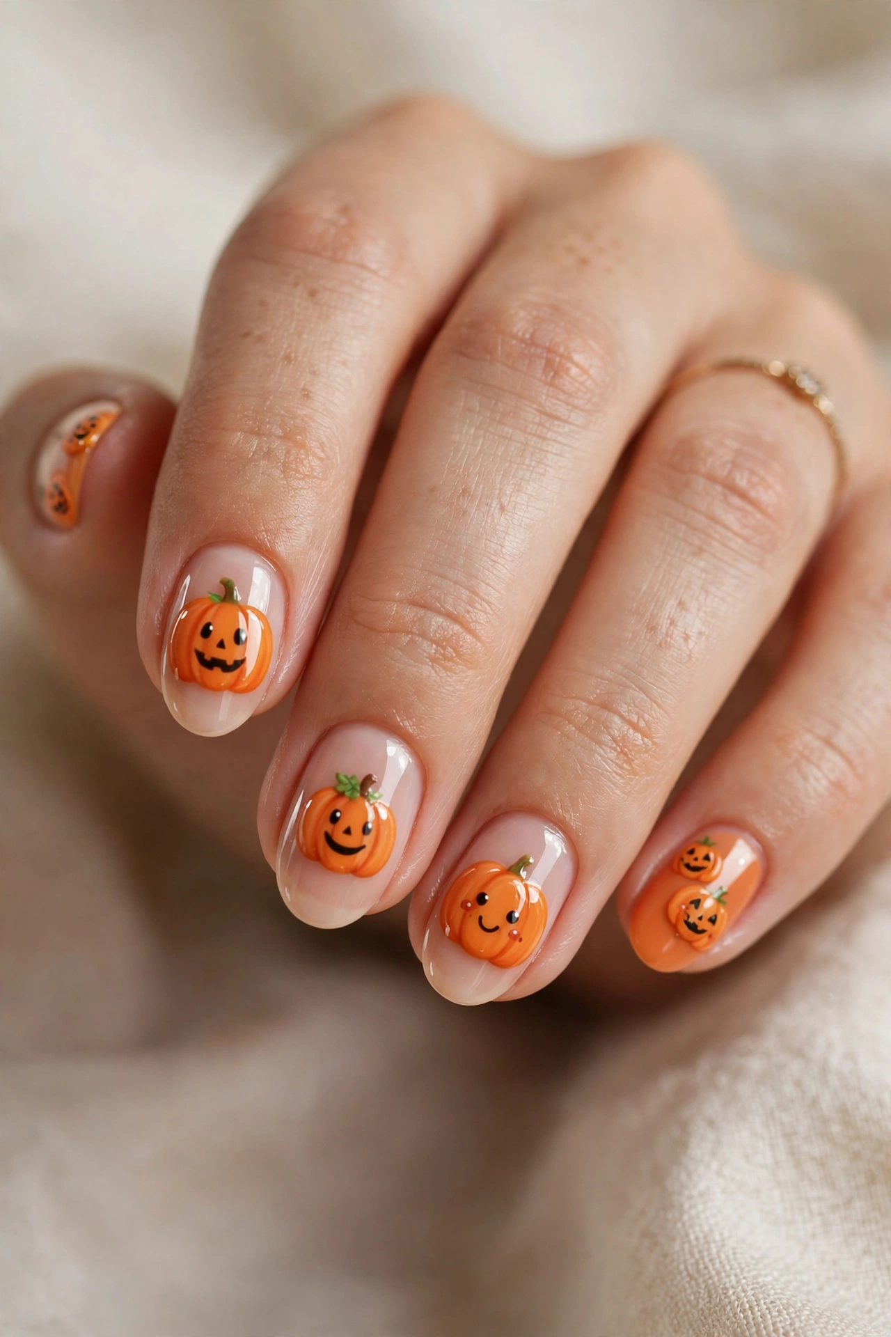 Pumpkin halloween nail designs with cute orange pumpkin art and green vines