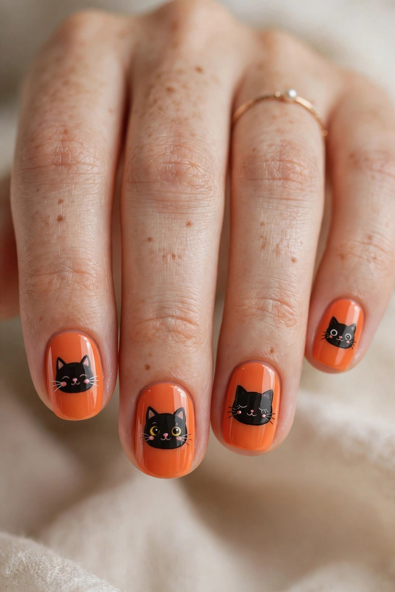 Black cat halloween nail designs with cat silhouettes on moonlit nails