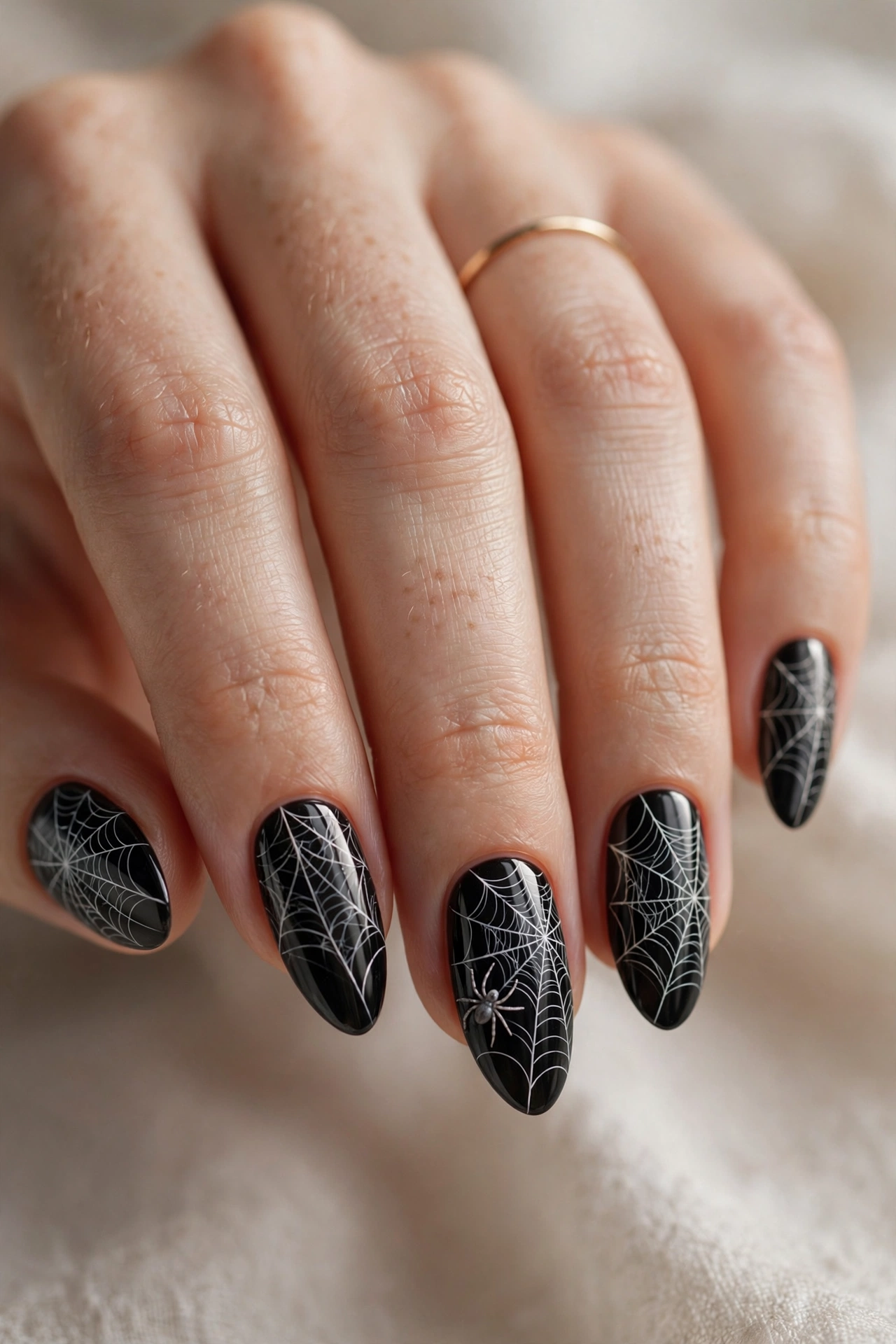 Spider web halloween nail designs with delicate web lines and spider accents
