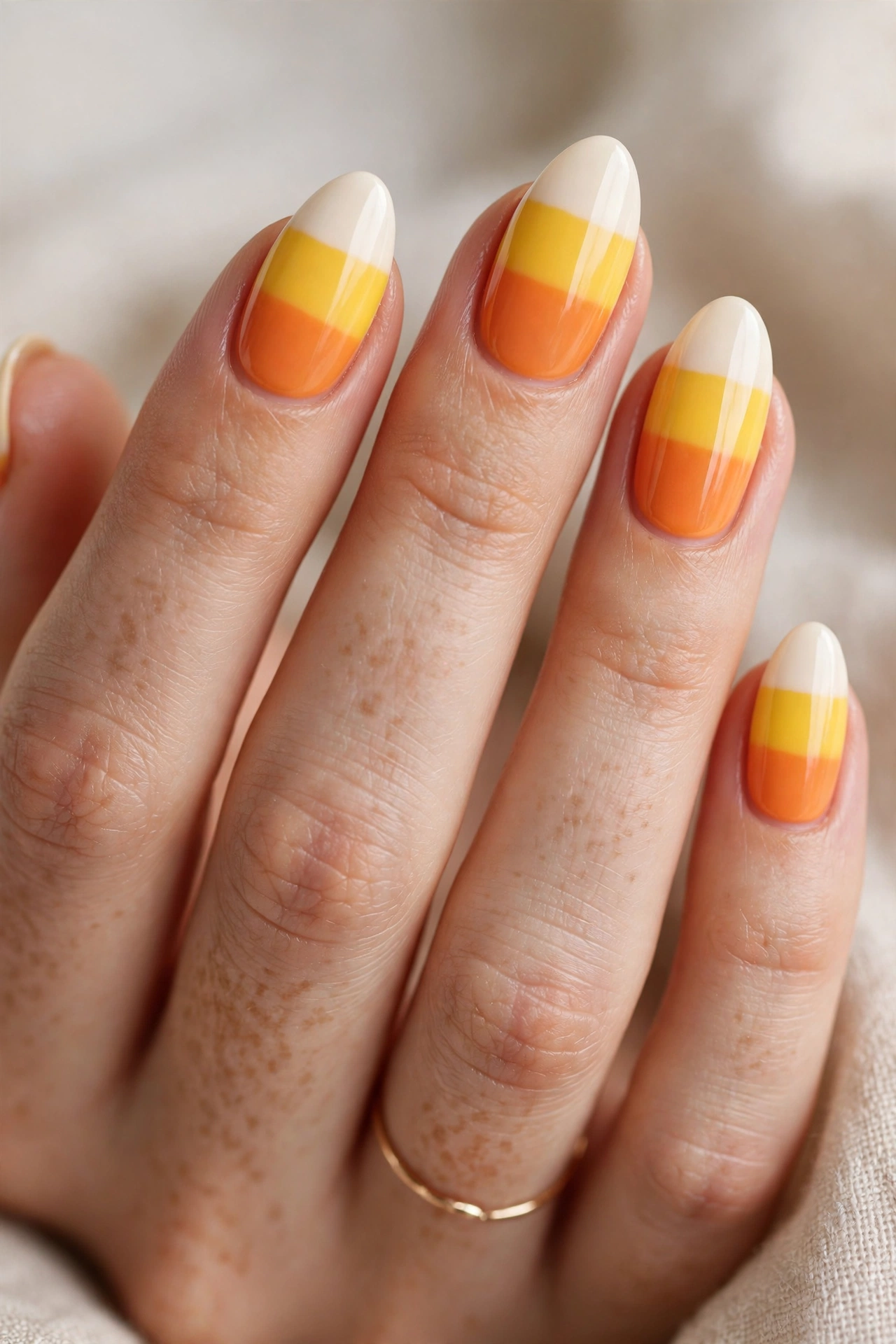 Candy corn halloween nail designs with orange yellow and white stripes