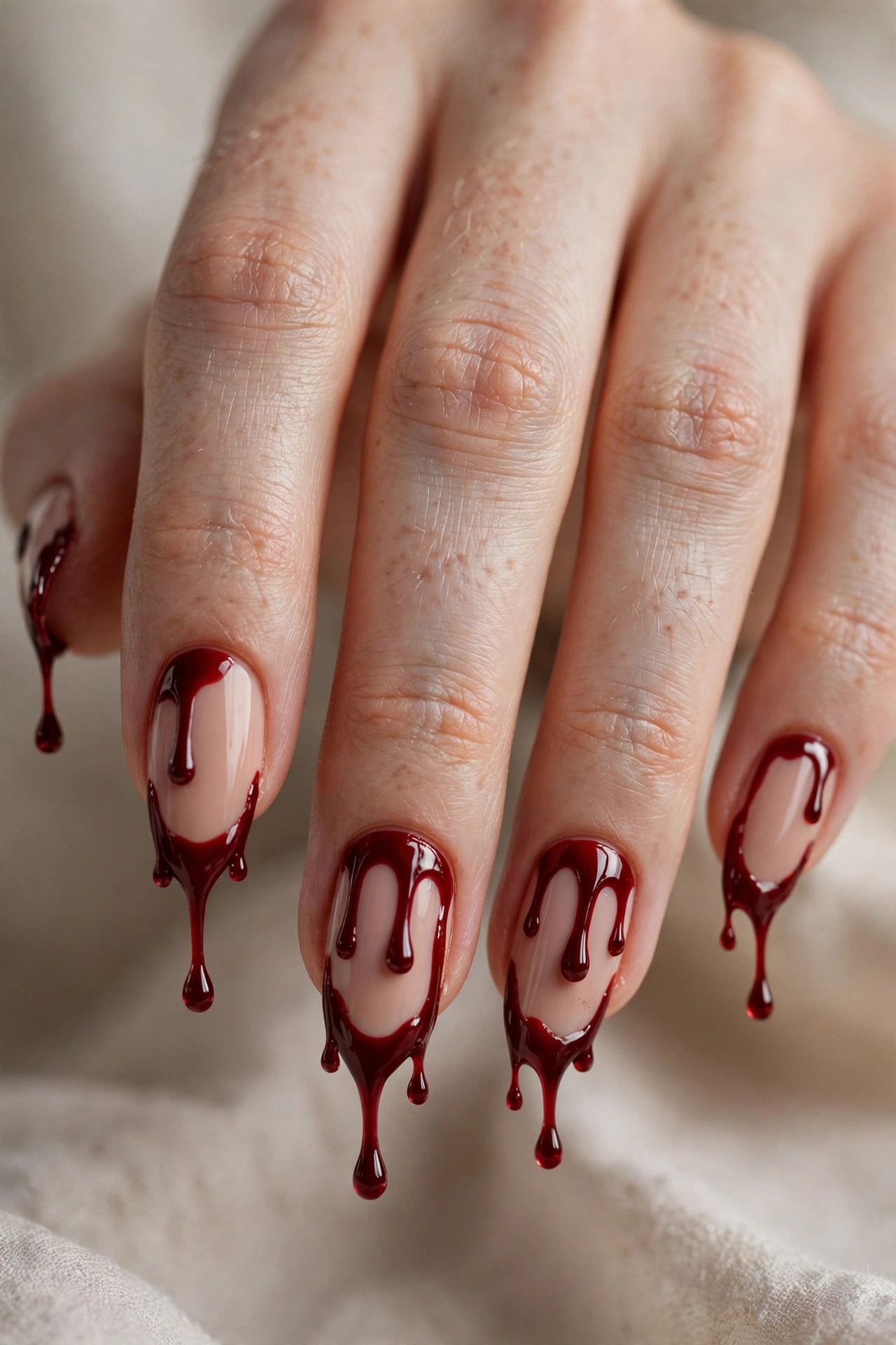 Bloody red drip halloween nail designs with dripping blood effect on nude nails