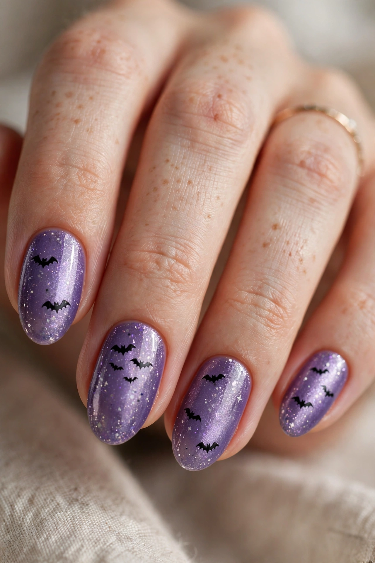 Cute bat halloween nail designs with flying bat silhouettes at dusk